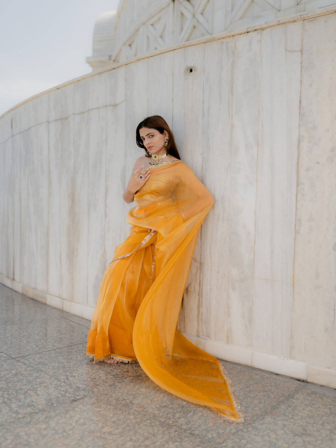 Yellow Metallic Organza Chiffon Saree with Sequin Lace & Self Blouse Fabric