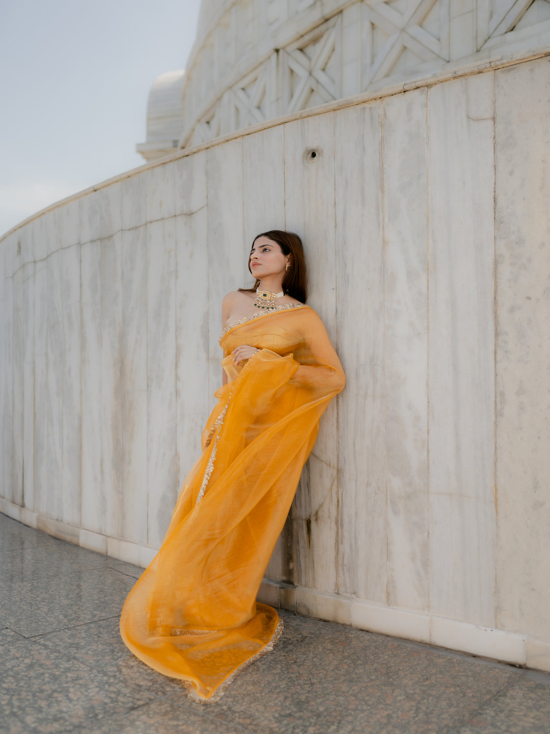 Yellow Metallic Organza Chiffon Saree with Sequin Lace & Self Blouse Fabric