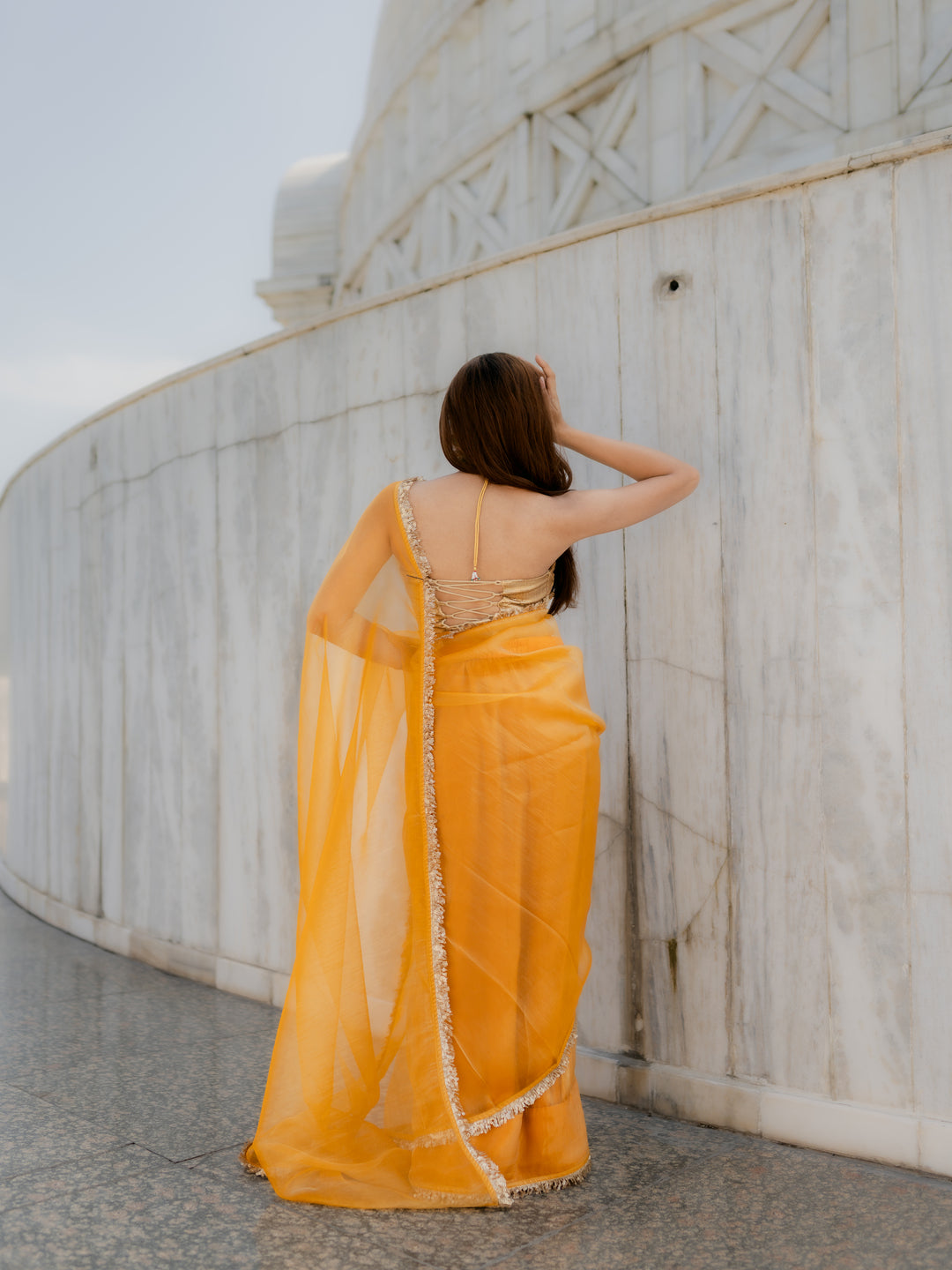 Yellow Metallic Organza Chiffon Saree with Sequin Lace & Self Blouse Fabric