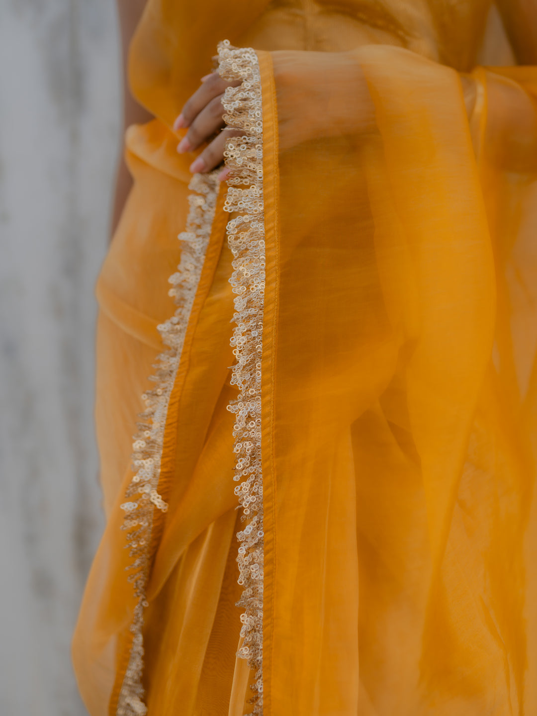 Yellow Metallic Organza Chiffon Saree with Sequin Lace & Self Blouse Fabric
