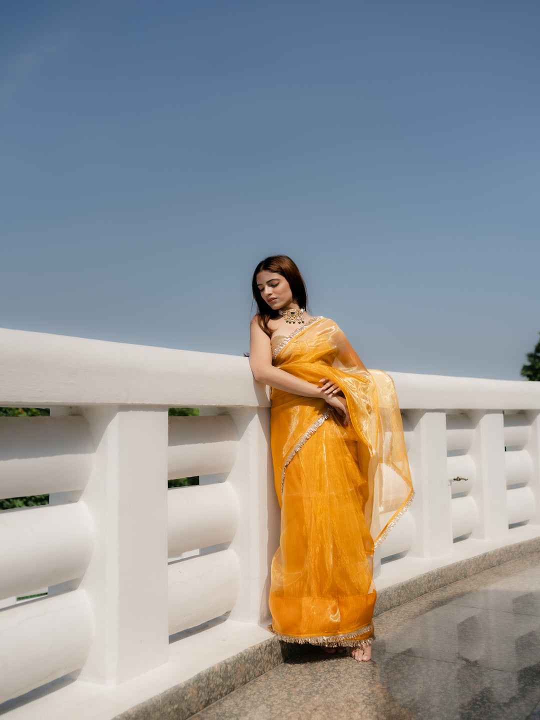 Yellow Metallic Organza Chiffon Saree with Sequin Lace & Self Blouse Fabric