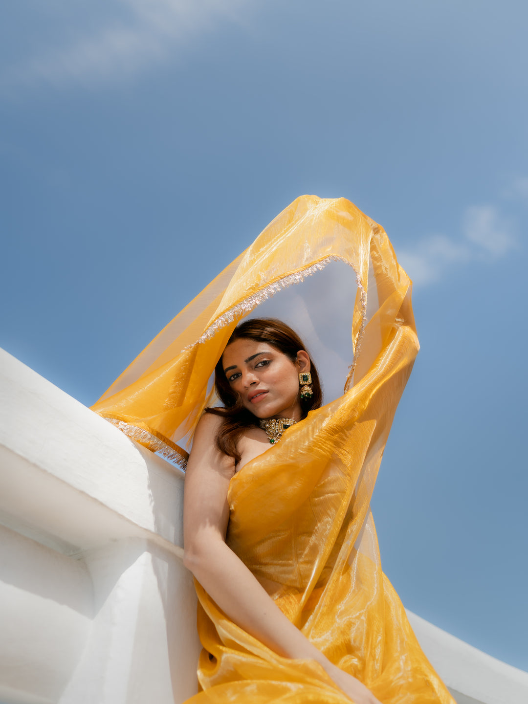 Yellow Metallic Organza Chiffon Saree with Sequin Lace & Self Blouse Fabric