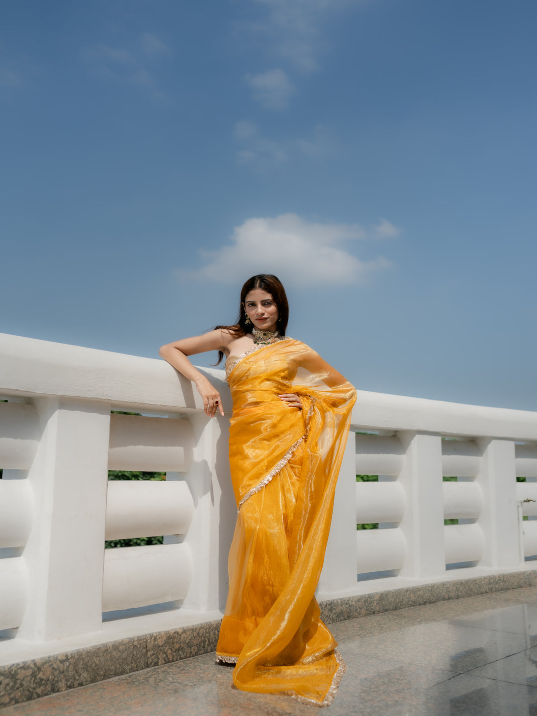 Yellow Metallic Organza Chiffon Saree with Sequin Lace & Self Blouse Fabric