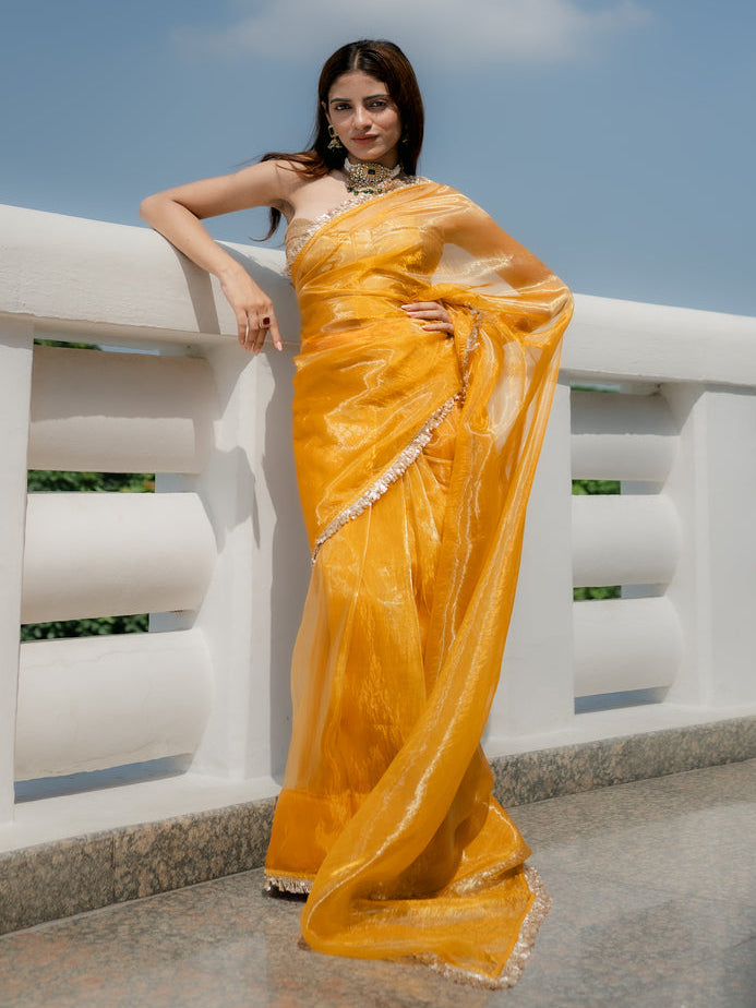 Yellow Metallic Organza Chiffon Saree with Sequin Lace & Self Blouse Fabric
