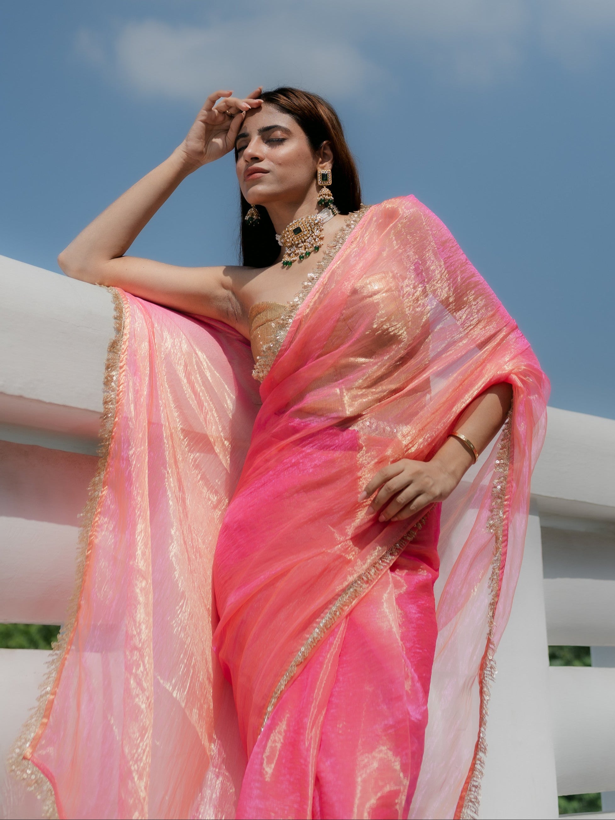 Pink Orange Metallic Organza Chiffon Saree with Sequin Lace and Self Blouse Fabric