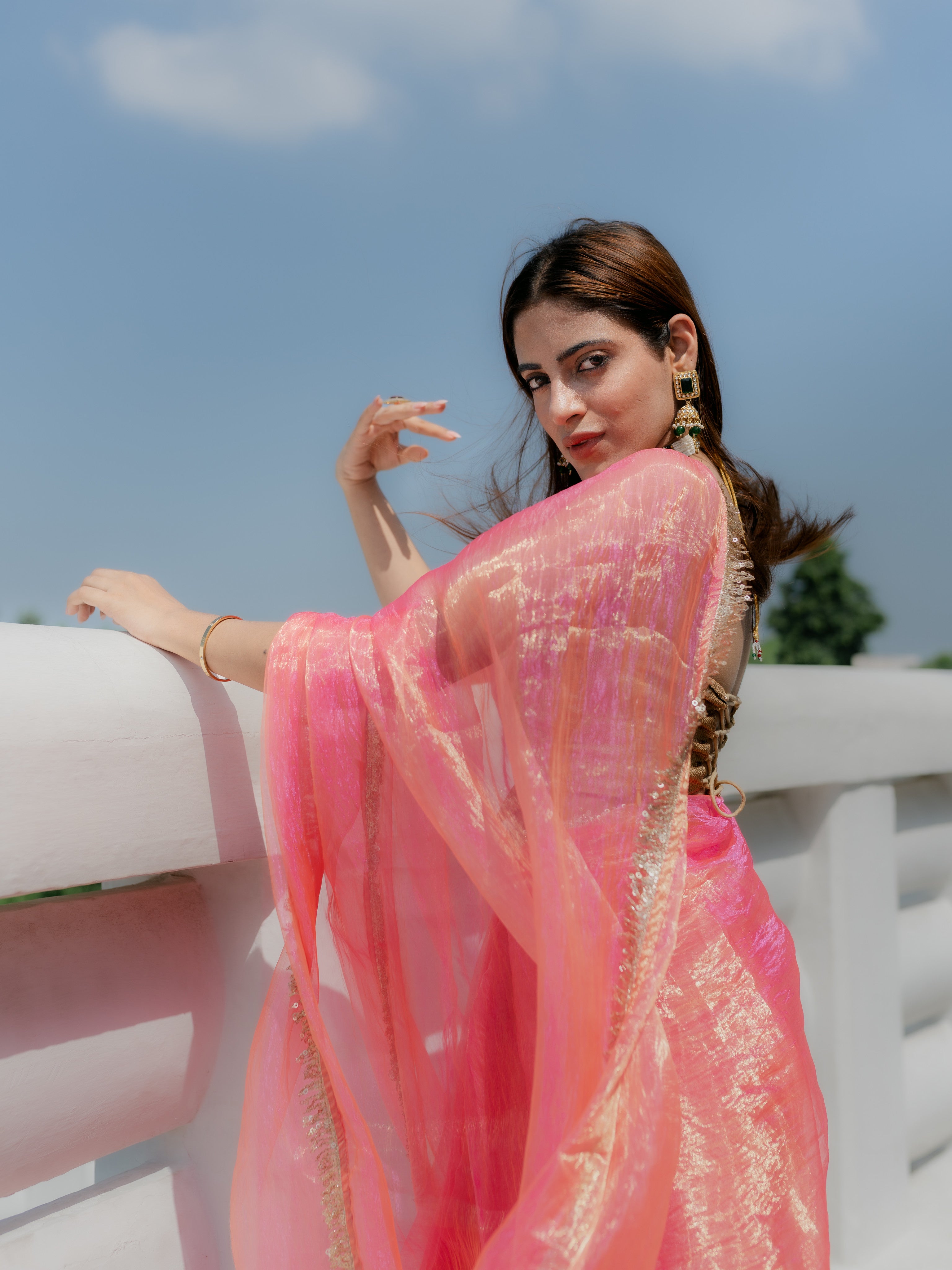 Pink Orange Metallic Organza Chiffon Saree with Sequin Lace and Self Blouse Fabric