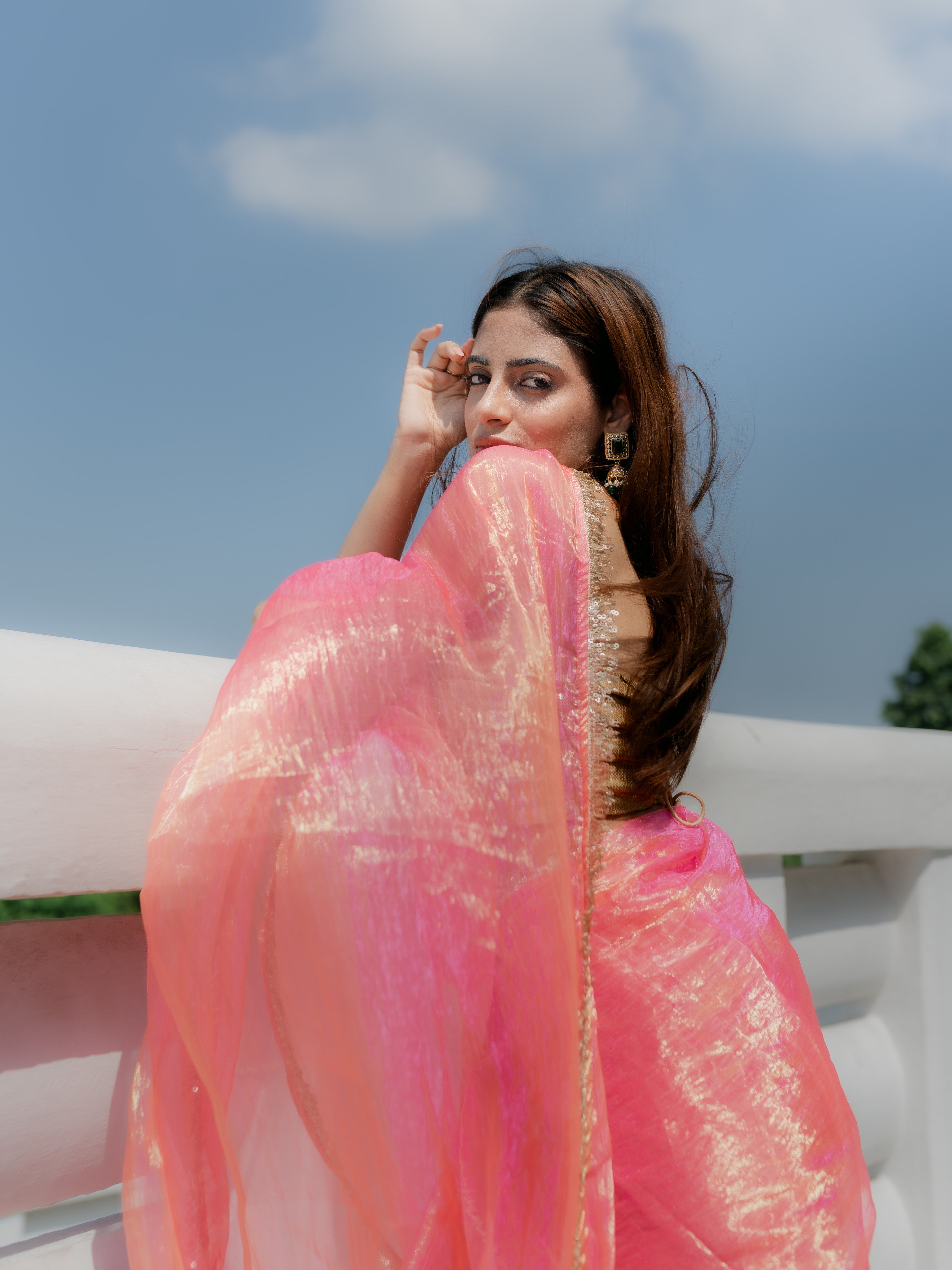 Pink Orange Metallic Organza Chiffon Saree with Sequin Lace and Self Blouse Fabric
