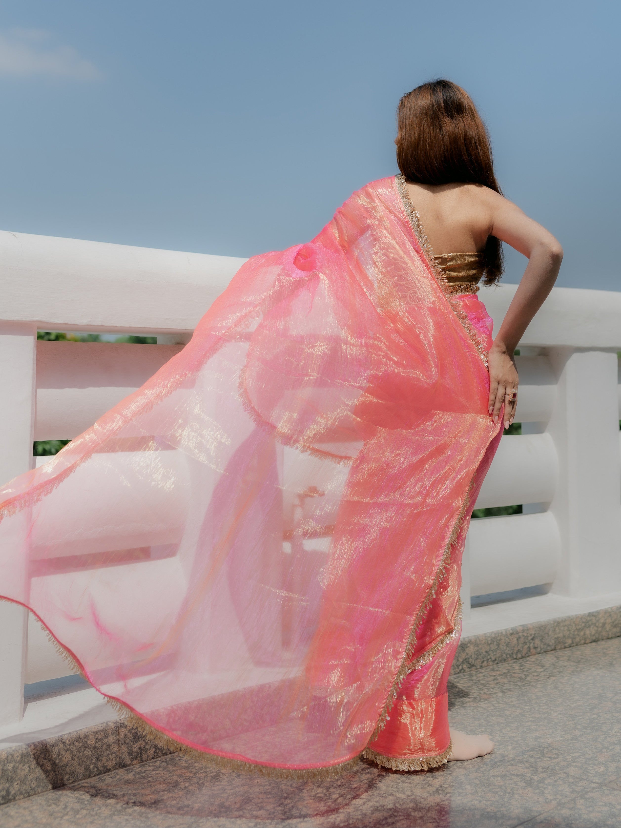 Pink Orange Metallic Organza Chiffon Saree with Sequin Lace and Self Blouse Fabric