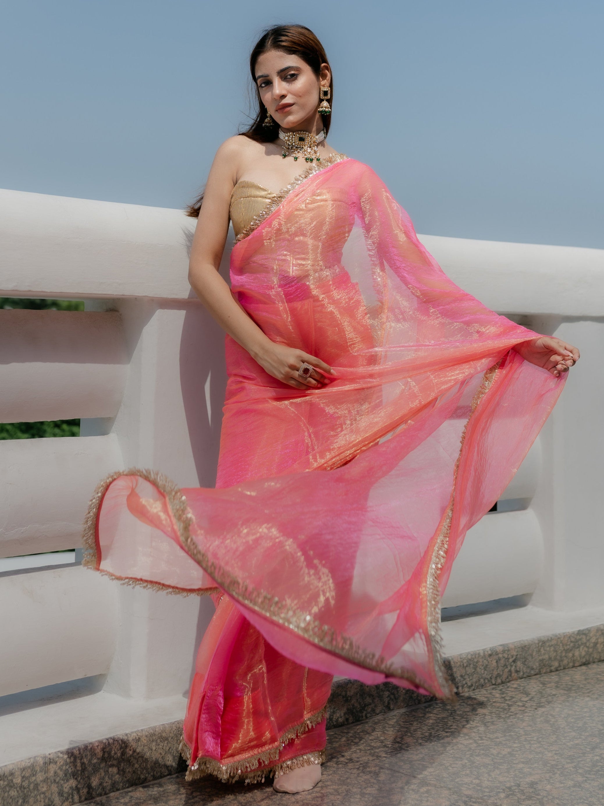 Pink Orange Metallic Organza Chiffon Saree with Sequin Lace and Self Blouse Fabric