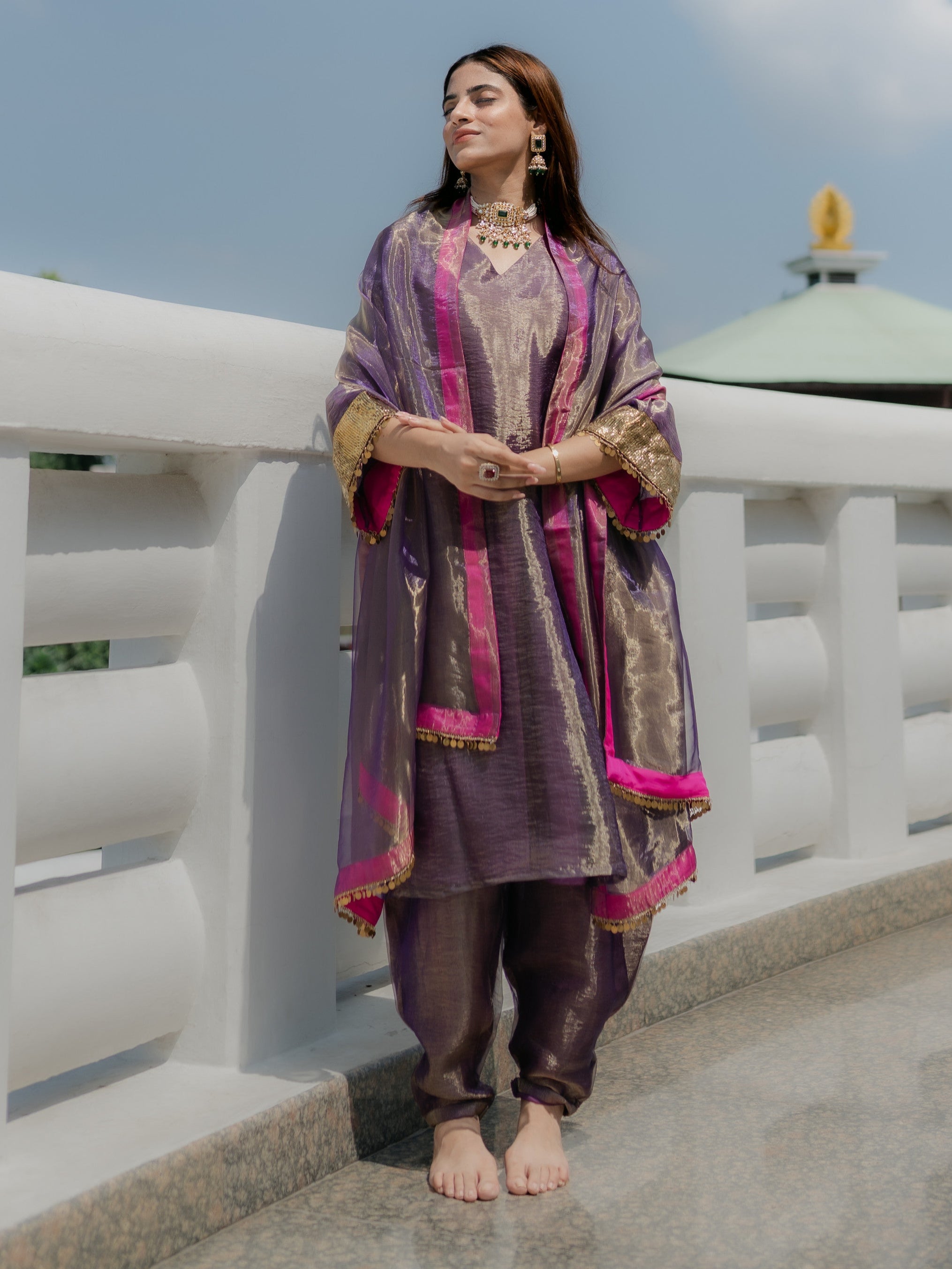 3-Piece Suit Set – Purple Organza Kurta with Zari Sleeves & Dupatta with Pink Piping