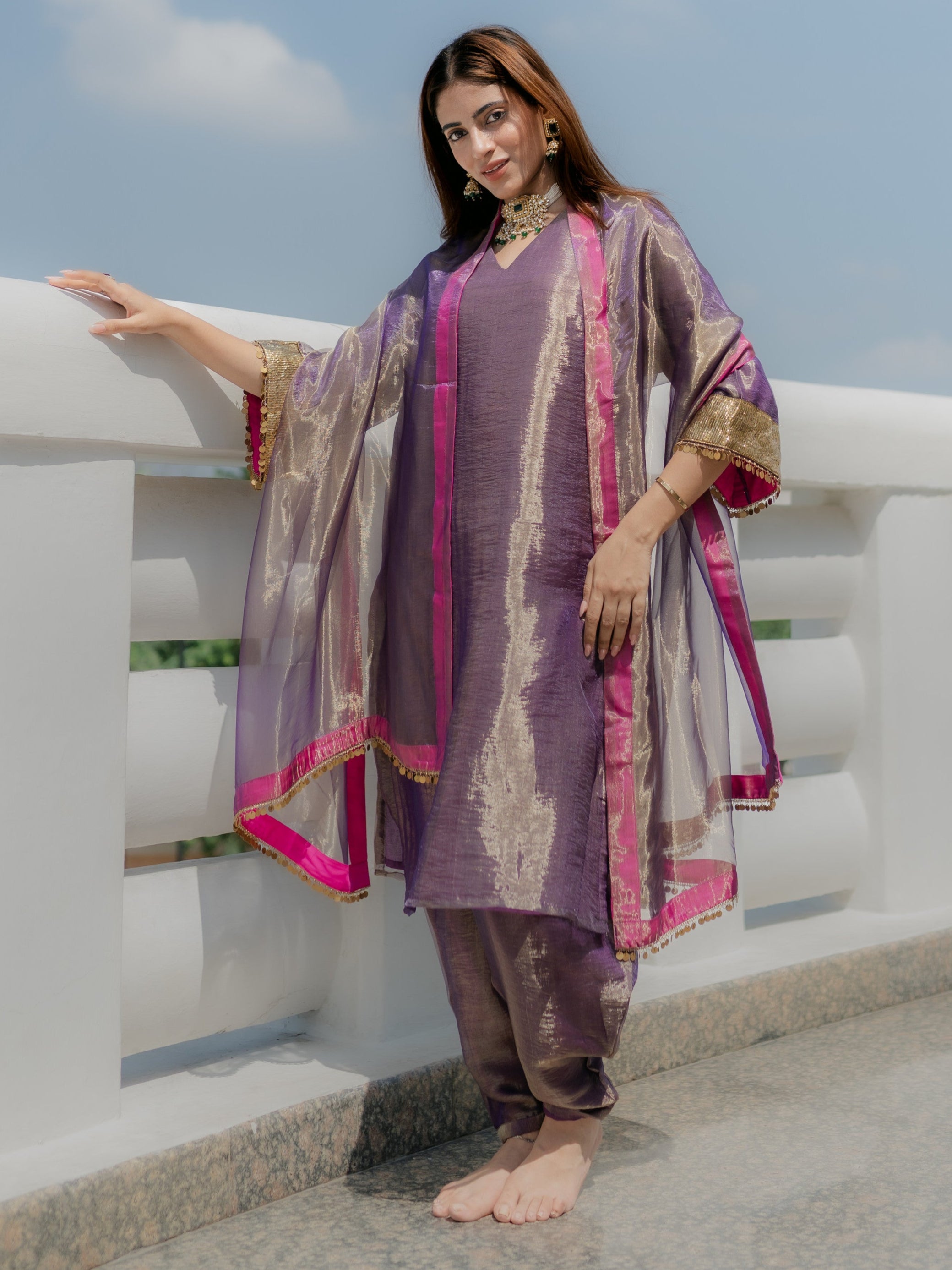 3-Piece Suit Set – Purple Organza Kurta with Zari Sleeves & Dupatta with Pink Piping