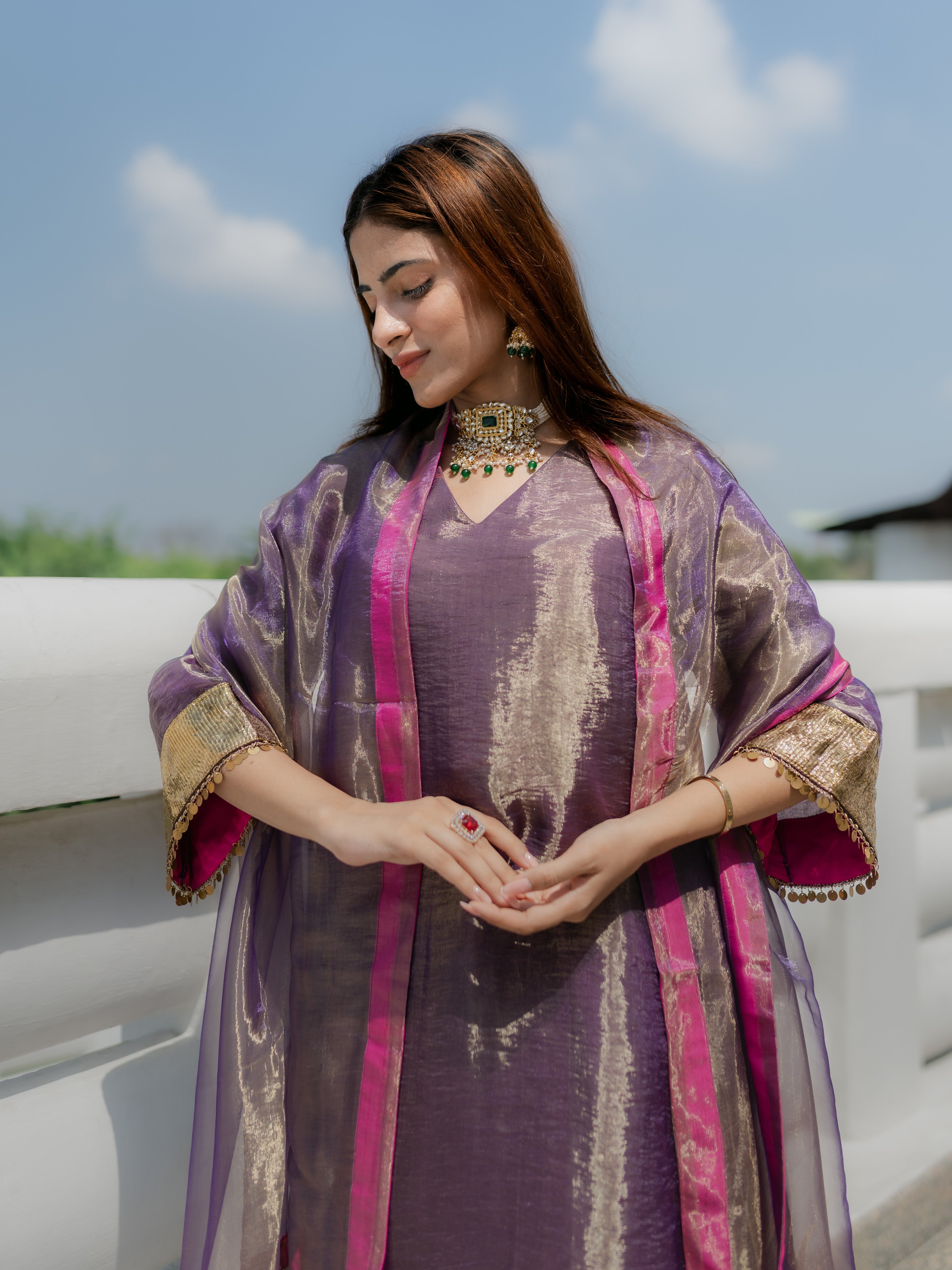 3-Piece Suit Set – Purple Organza Kurta with Zari Sleeves & Dupatta with Pink Piping