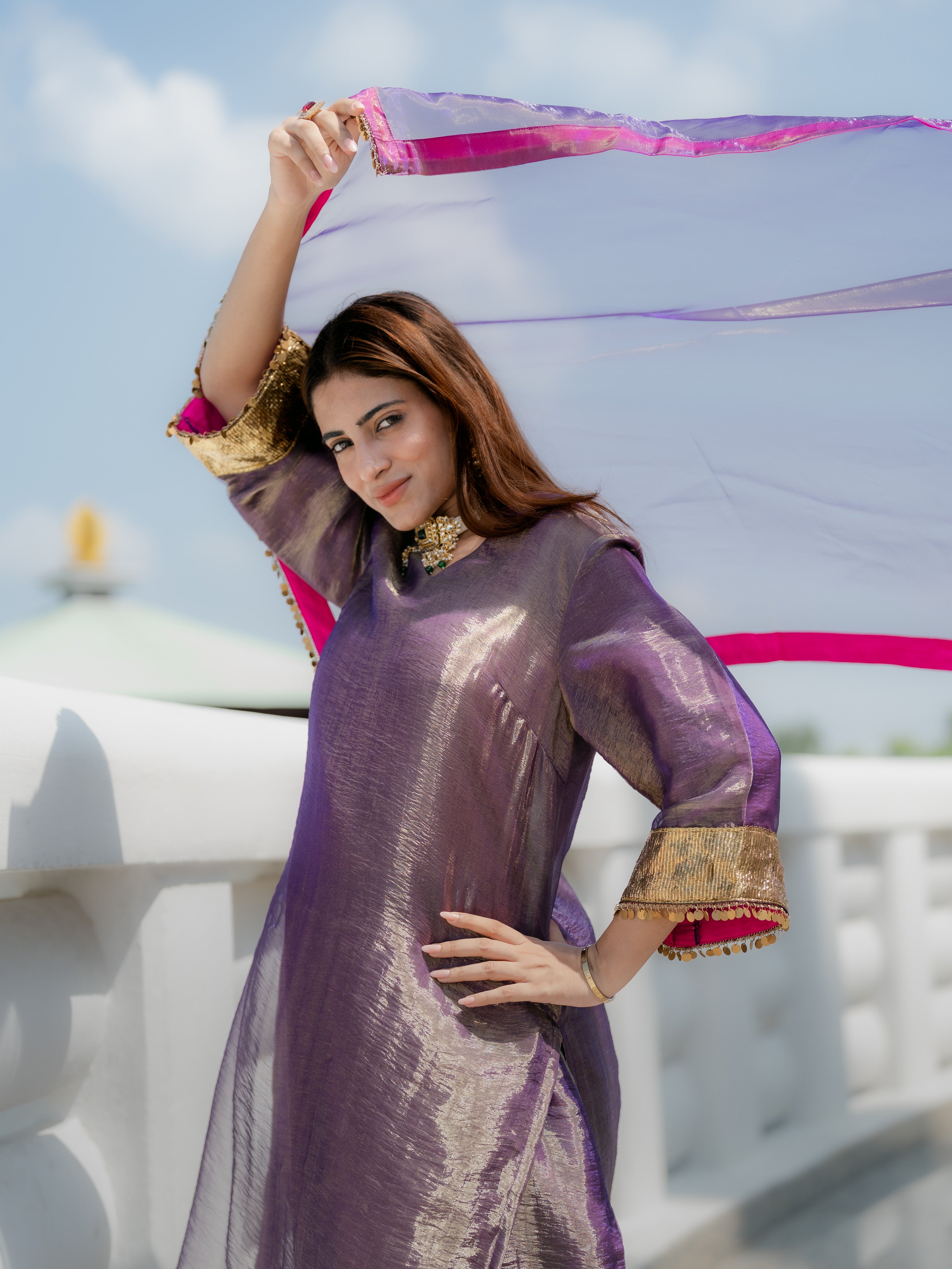 3-Piece Suit Set – Purple Organza Kurta with Zari Sleeves & Dupatta with Pink Piping