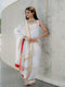 3 Pc Suit Set - Airskin Shoe String Back Kurta with Gold Yoke and Red Piping, Pant and Laced Organza Golden Dupatta with Red backing