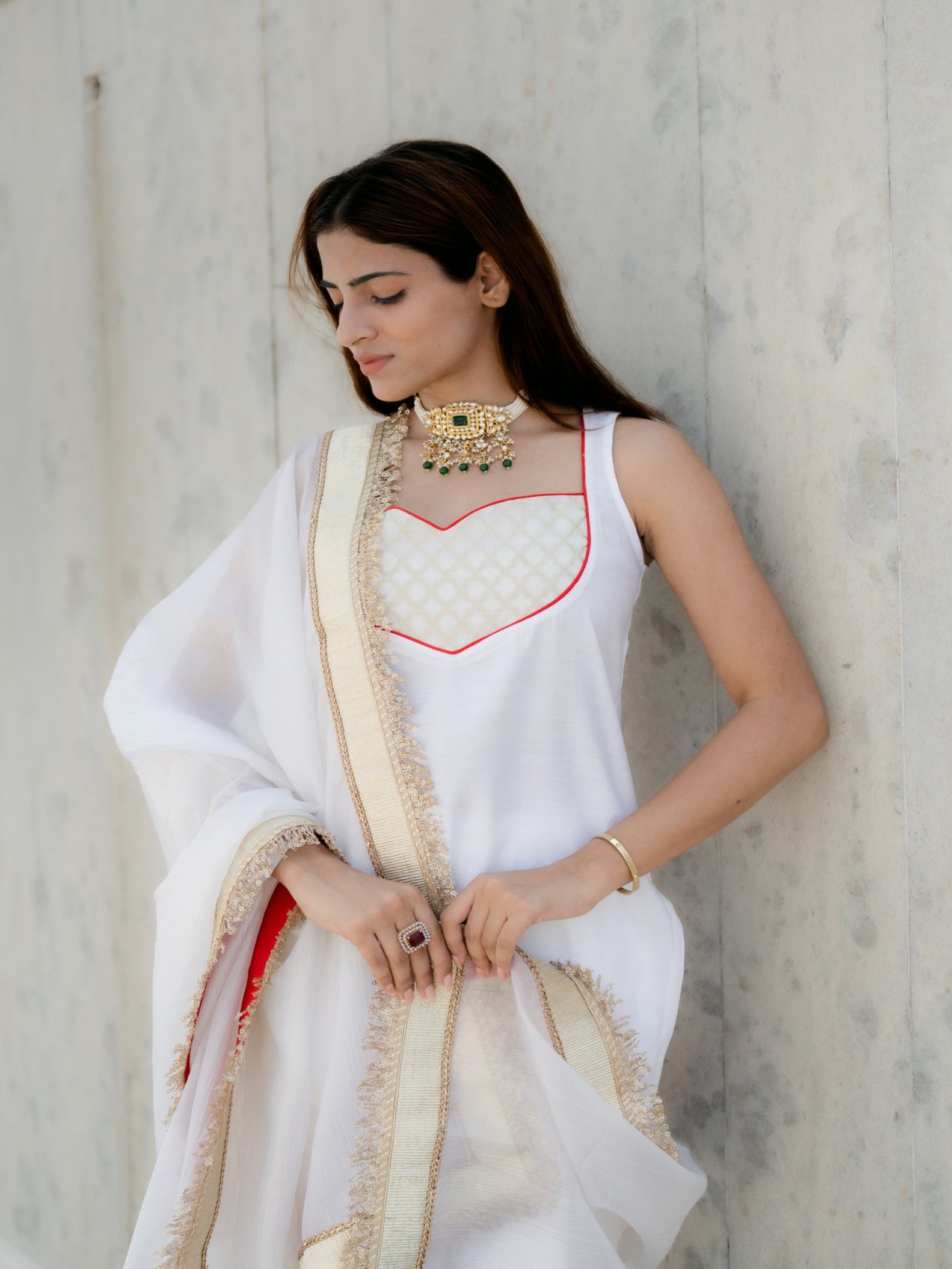 3 Pc Suit Set - Airskin Shoe String Back Kurta with Gold Yoke and Red Piping, Pant and Laced Organza Golden Dupatta with Red backing