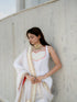 3 Pc Suit Set - Airskin Shoe String Back Kurta with Gold Yoke and Red Piping, Pant and Laced Organza Golden Dupatta with Red backing
