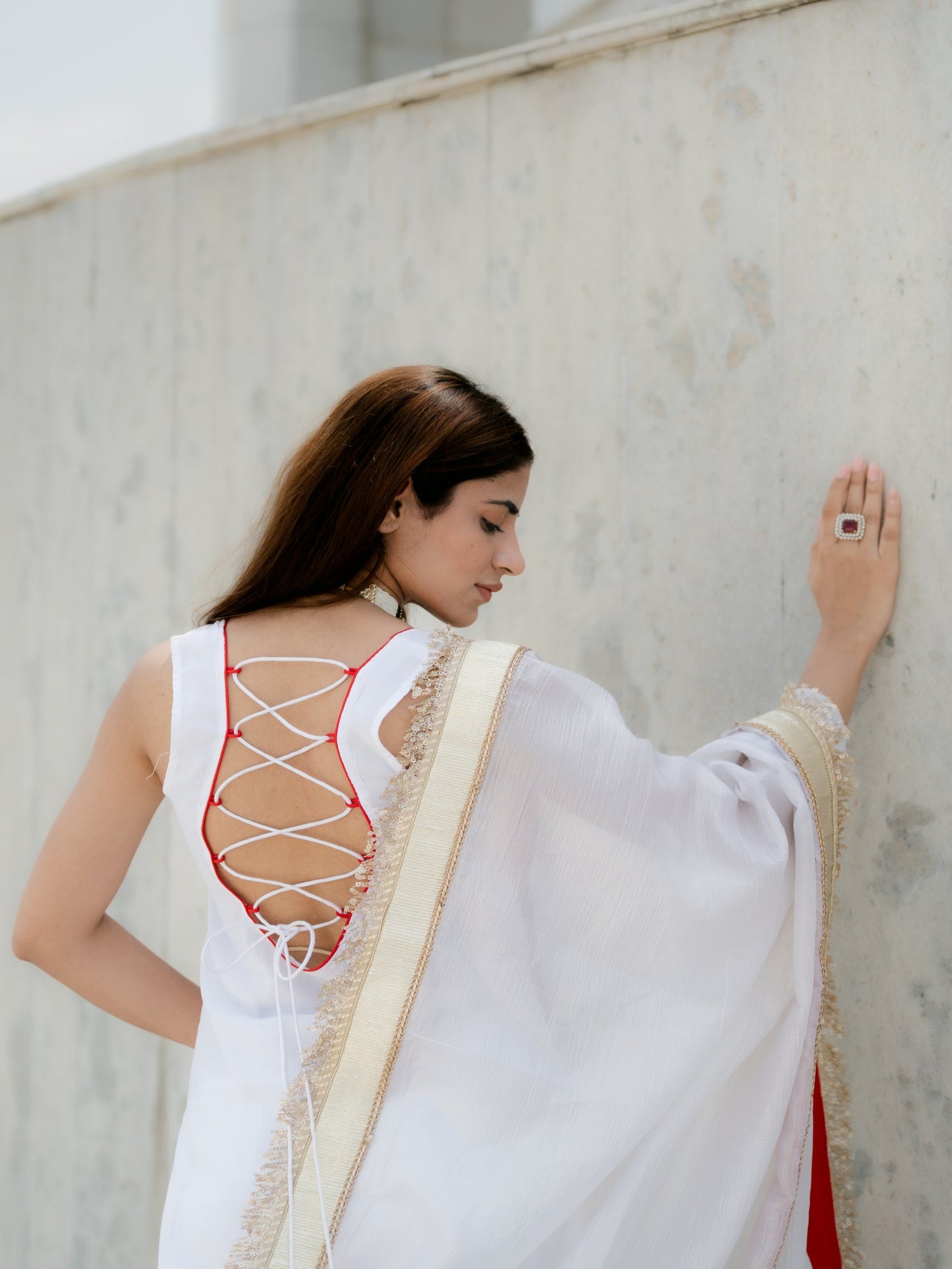 3 Pc Suit Set - Airskin Shoe String Back Kurta with Gold Yoke and Red Piping, Pant and Laced Organza Golden Dupatta with Red backing