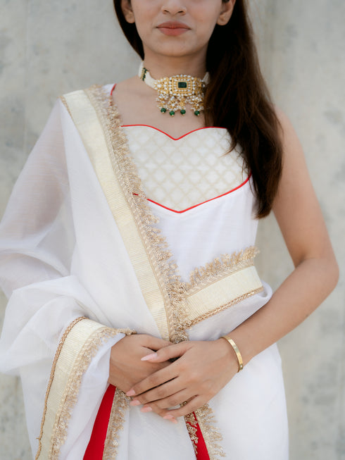 3 Pc Suit Set - Airskin Shoe String Back Kurta with Gold Yoke and Red Piping, Pant and Laced Organza Golden Dupatta with Red backing