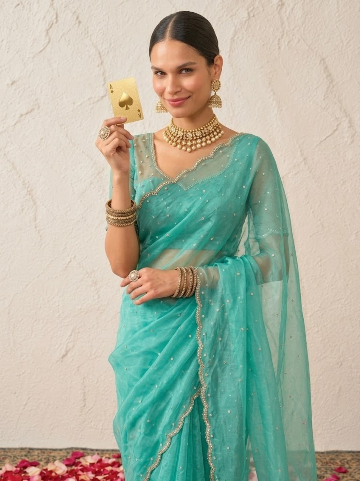Sea Blue Magic Metallic Pearl Hand Beaded Saree with Matching Beaded Blouse Fabric
