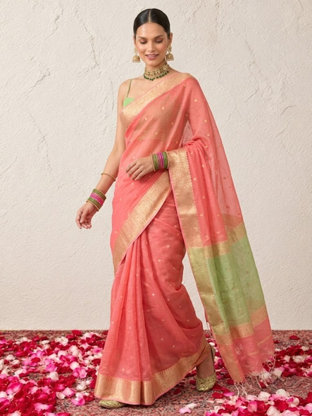 Pink and Green Chanderi Cotton Silk Saree with Matching Green Blouse Fabric