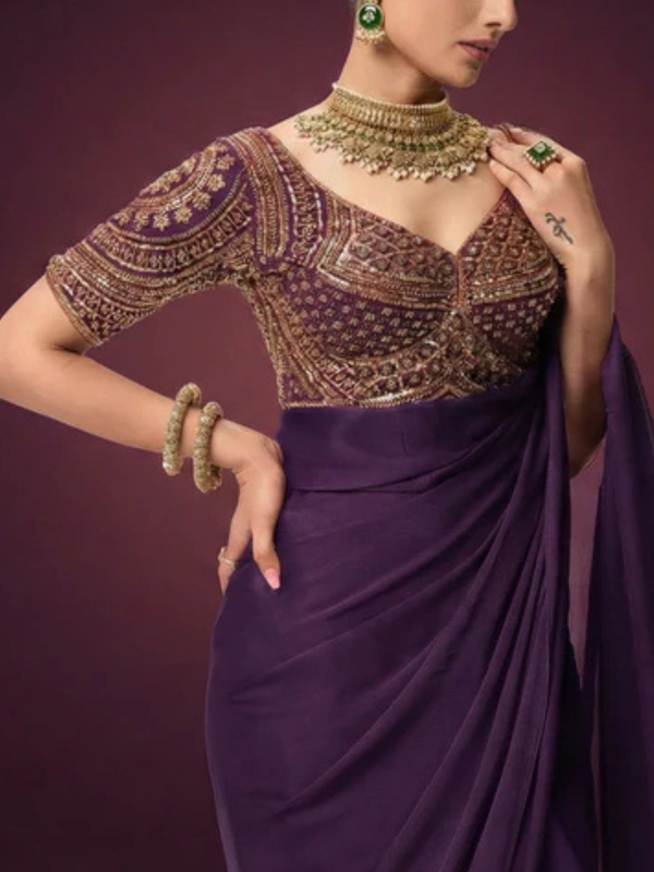 Purple Hand Embroidered Cut Dana Sabya Blouse – Free-Size Adjustable 32–40 inches | Couture Designer Blouse