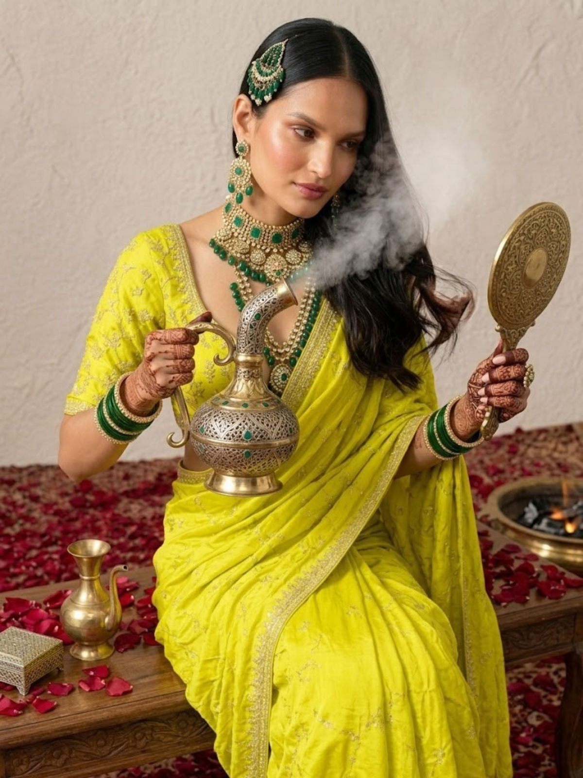 Lime Metallic Satin Allover Hand Beaded Cut Dana Saree with Matching Beaded Blouse Fabric
