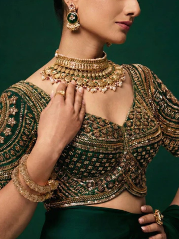 Green Hand Embroidered Cut Dana Sabya Blouse – Free-Size Adjustable 32–40 inches | Couture Designer Blouse