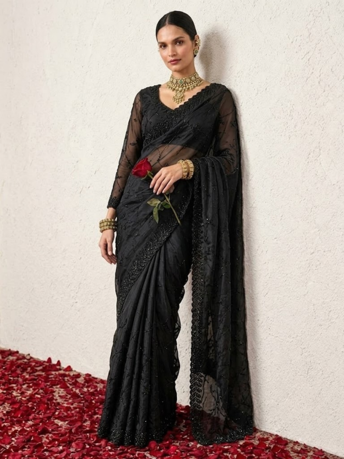 Black On Black Hand Beaded Cut Dana Saree with Leaf Edge and Beaded Matching Blouse Fabric