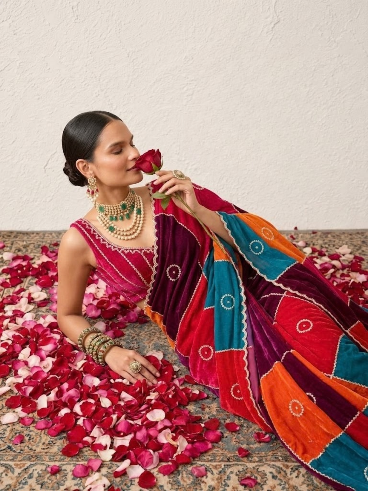 Multi Patch Metallic Satin Scalloped Hand Beaded Cut Dana Saree with Beaded Blouse Fabric