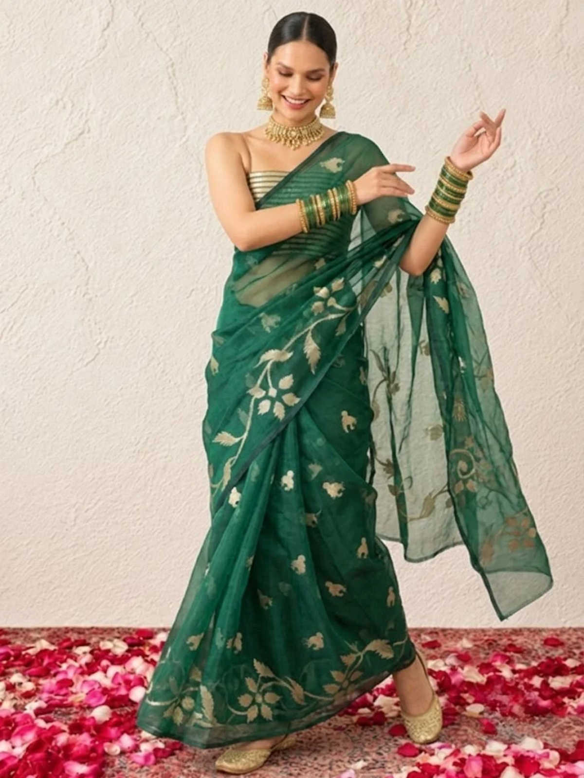 Green Organza Saree with Zari Buti and Matching Stripe Blouse Fabric