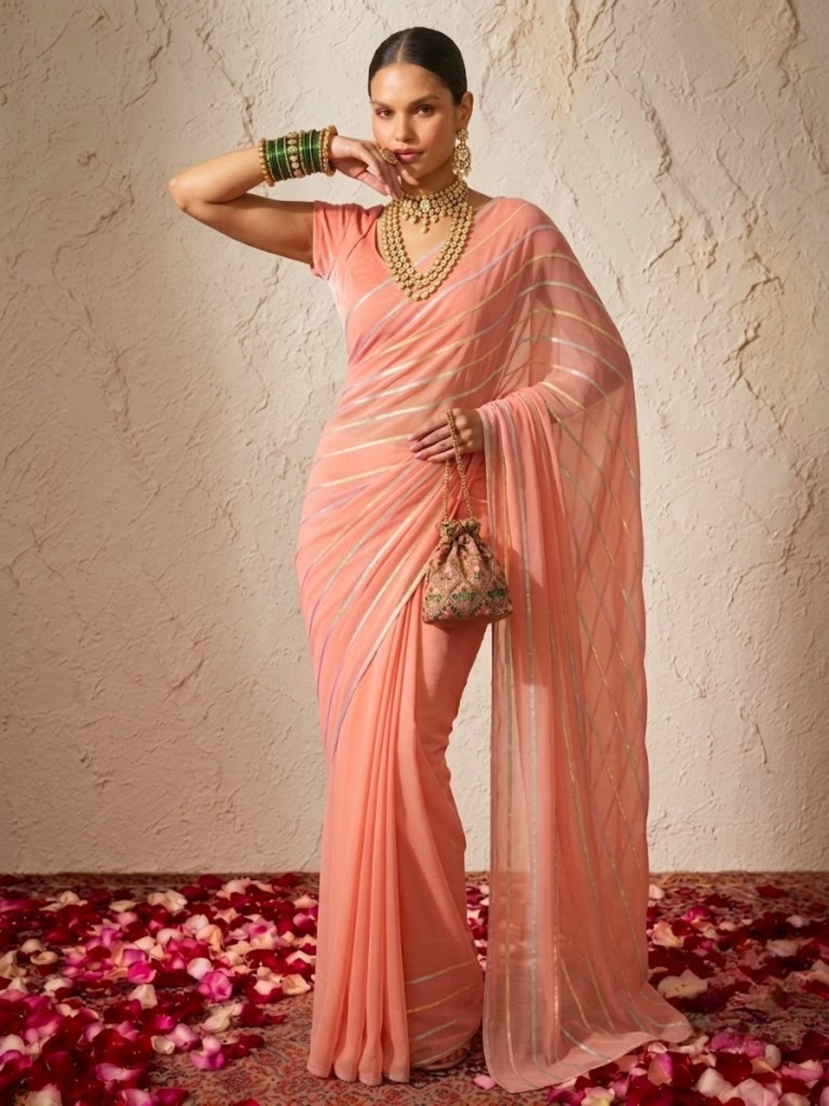 Pink and Iridecent Georgette Impression Saree with Self Blouse Fabric