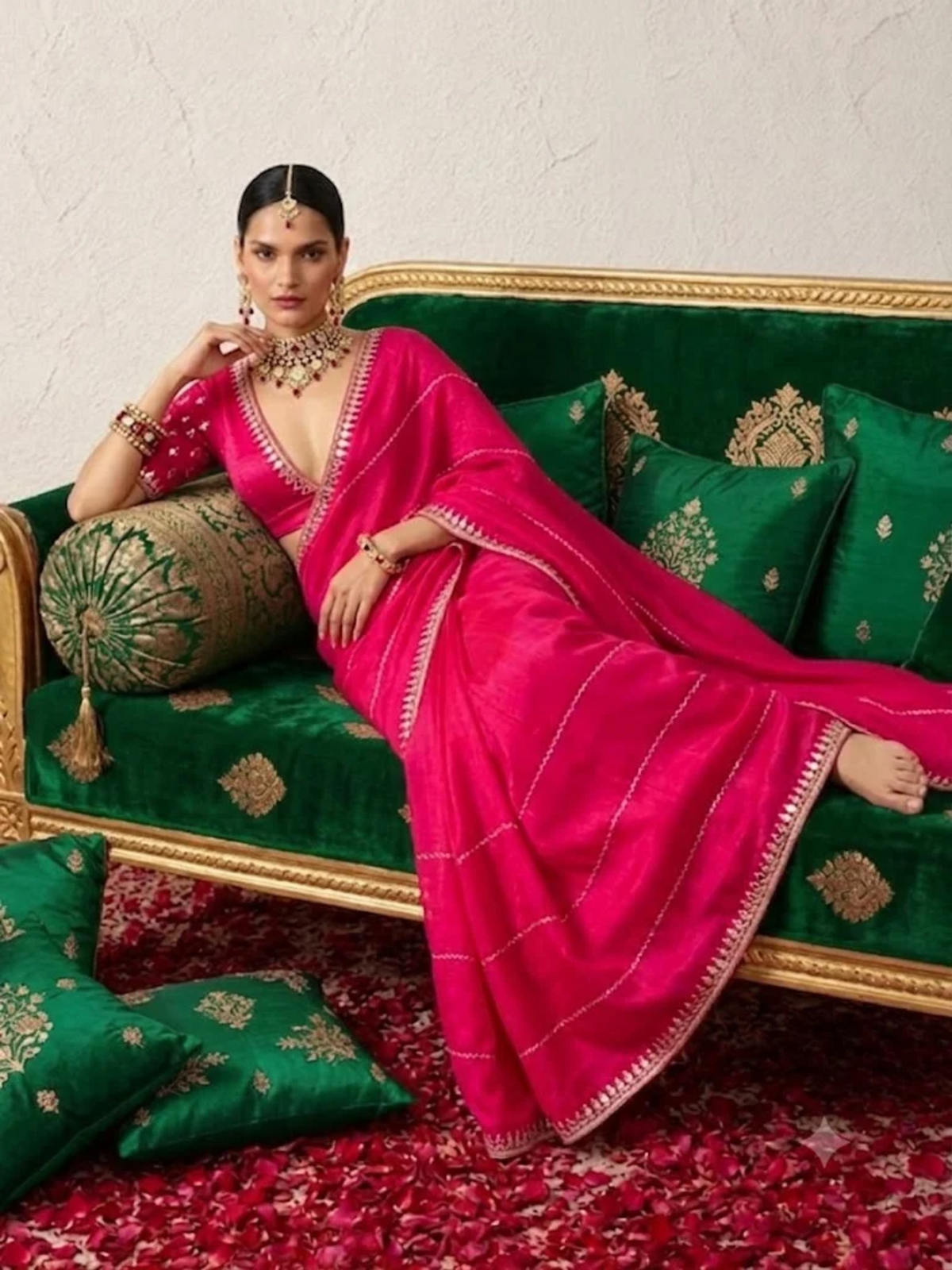 Red Metallic Satin Mirror Striped Hand Beaded Saree with Border and Matching Blouse Fabric