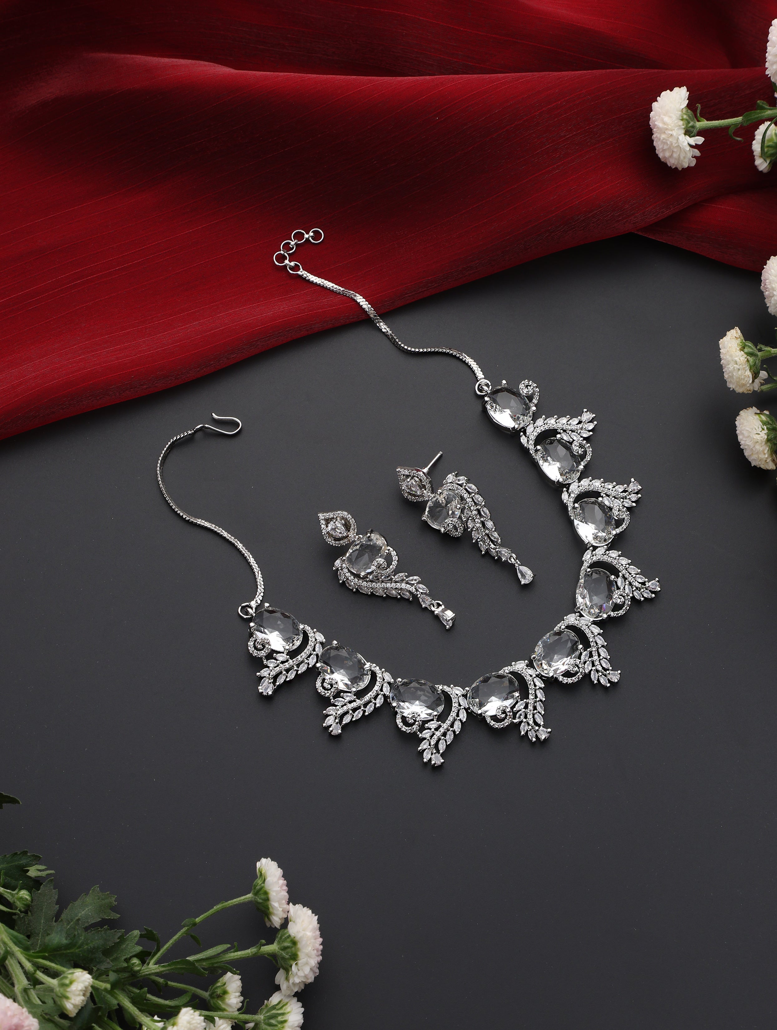 Luxury Silver Color American Diamond Premium Necklace & Earring Set