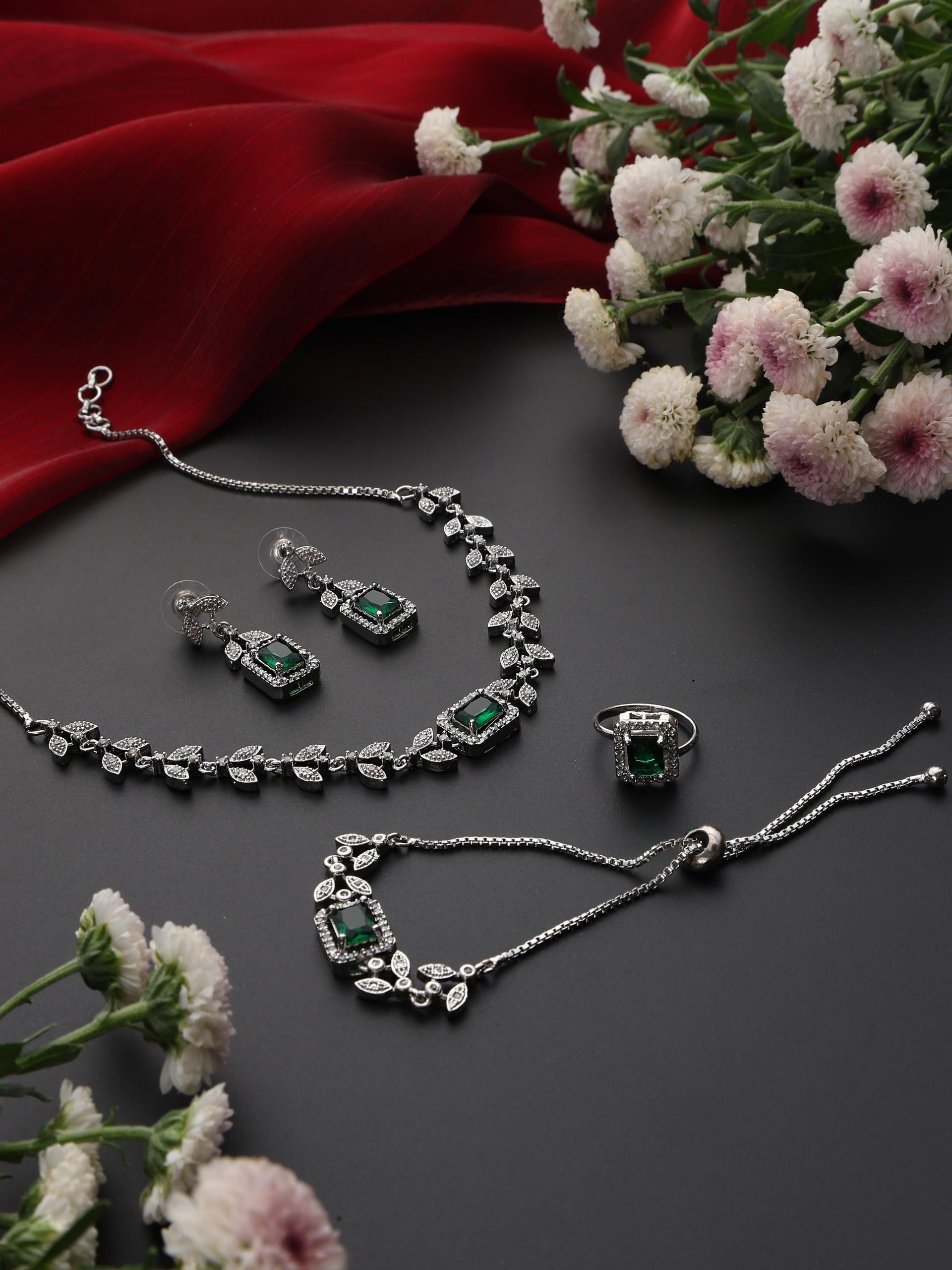 SET - Green Petal Diamond Necklace, Earring, Ring, Bracelet