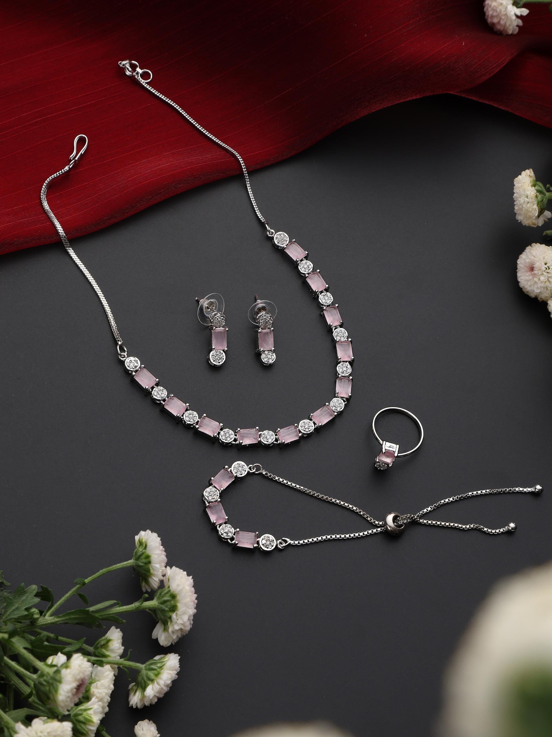 SET - Pink Diamond Necklace, Earring, Ring, Bracelet