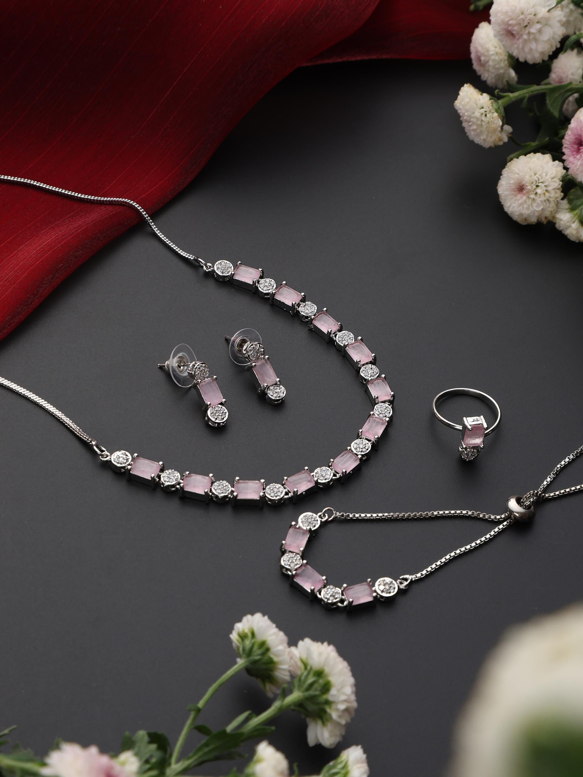 SET - Pink Diamond Necklace, Earring, Ring, Bracelet