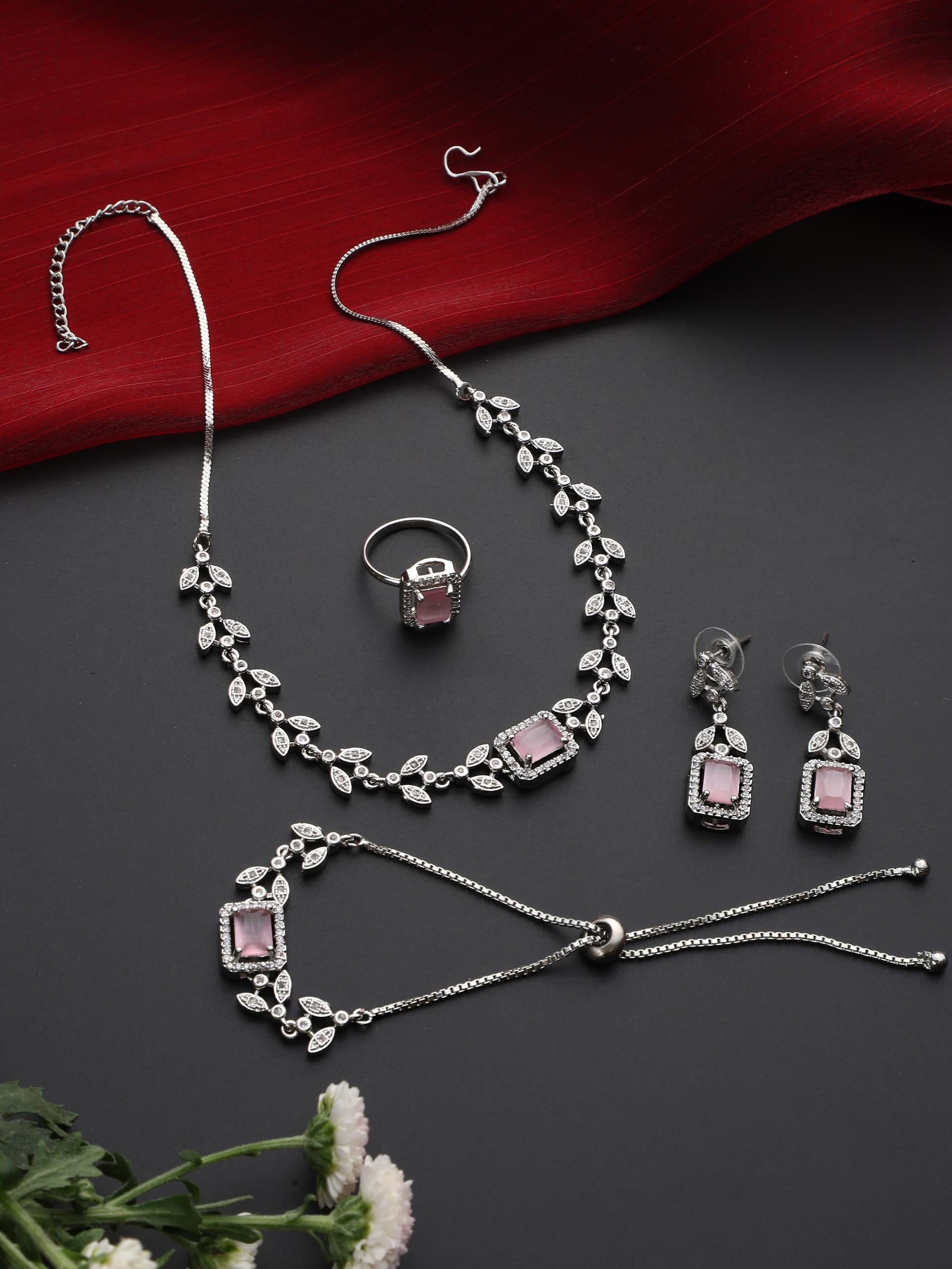 SET - Pink Petal Diamond Necklace, Earring, Ring, Bracelet