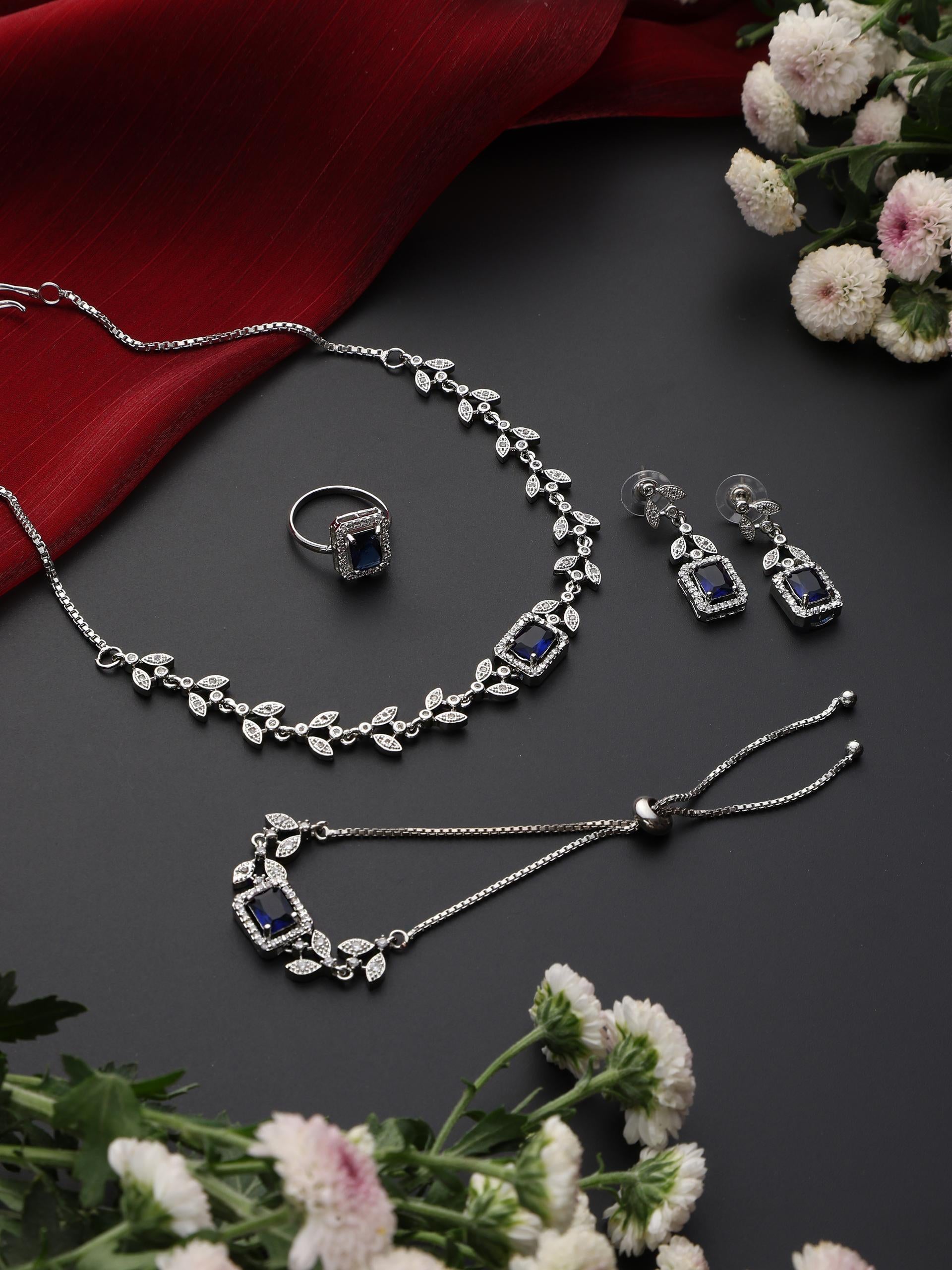 SET - Blue Petal Diamond Necklace, Earring, Ring, Bracelet