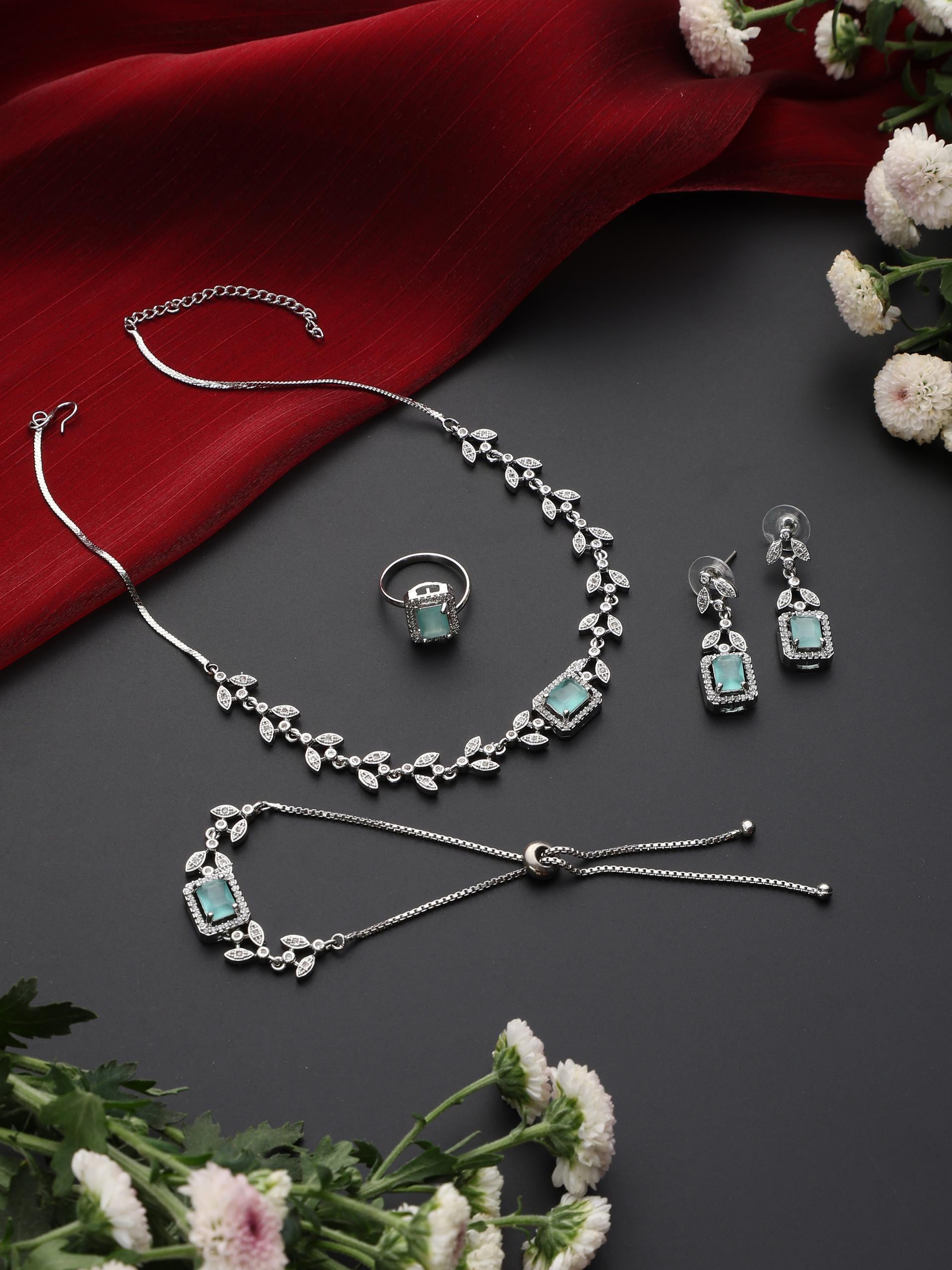 SET - Light Blue Petal  Diamond Necklace, Earring, Ring, Bracelet