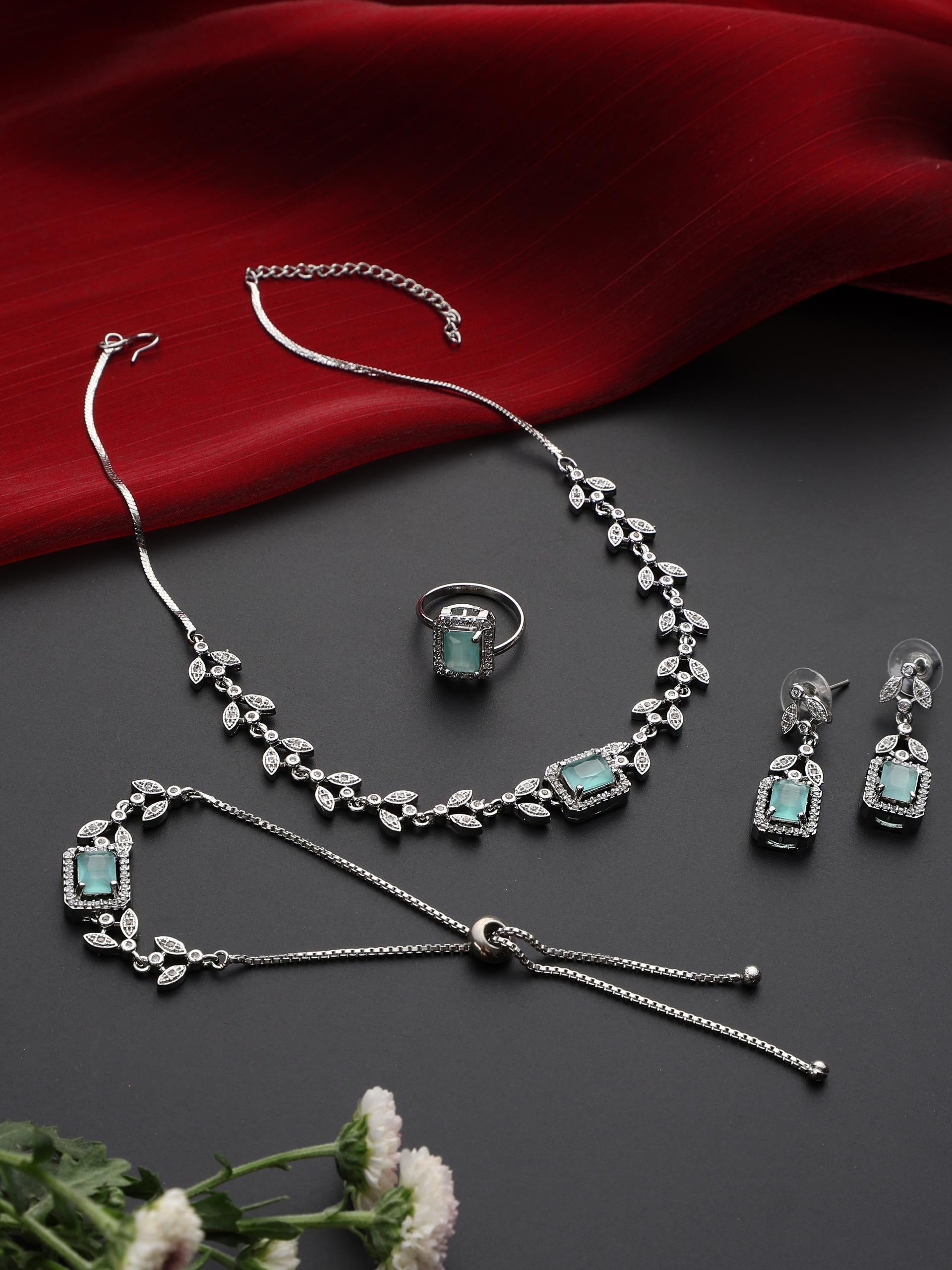 SET - Light Blue Petal  Diamond Necklace, Earring, Ring, Bracelet