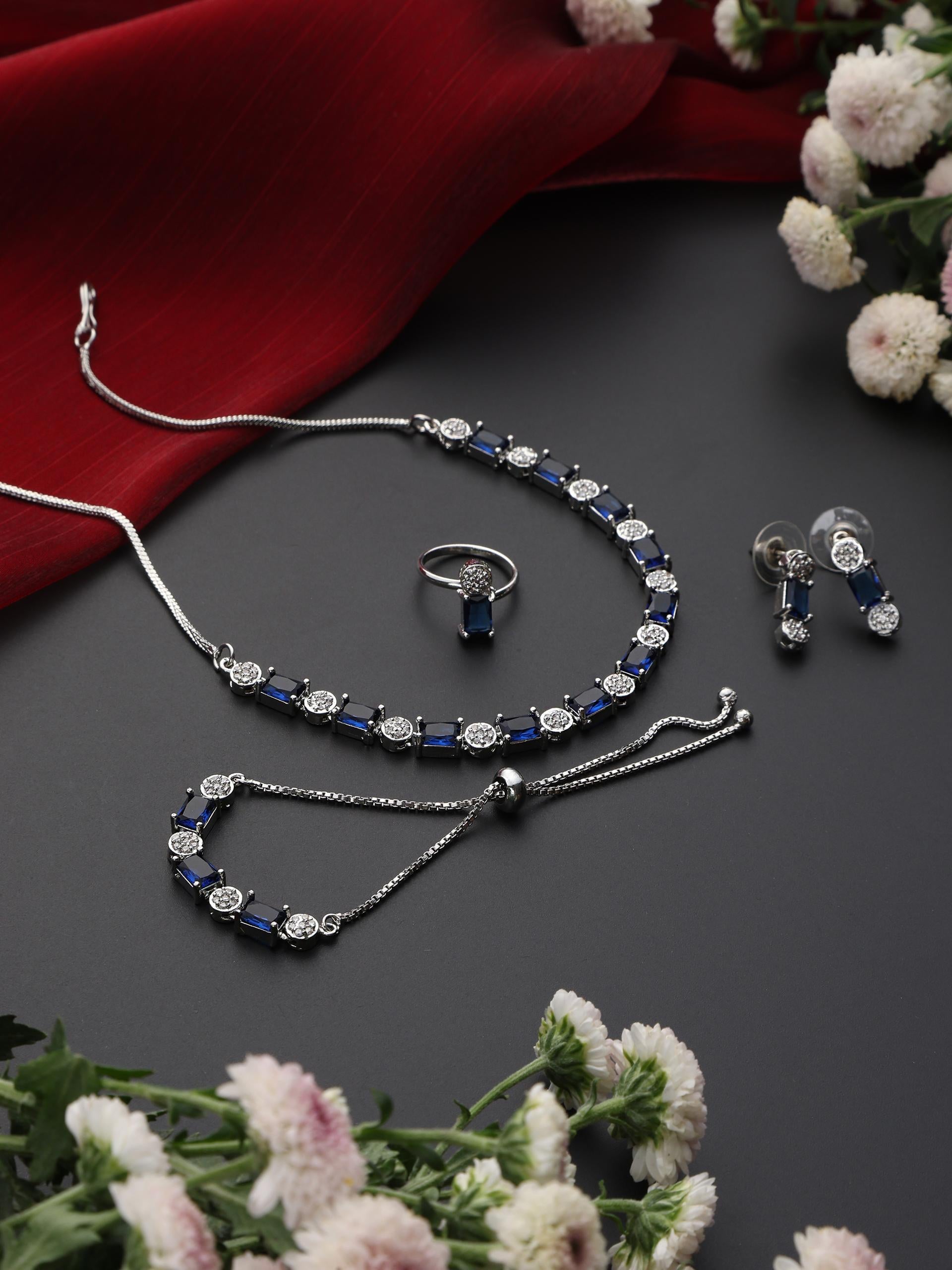 SET - Blue Diamond Necklace, Earring, Ring, Bracelet