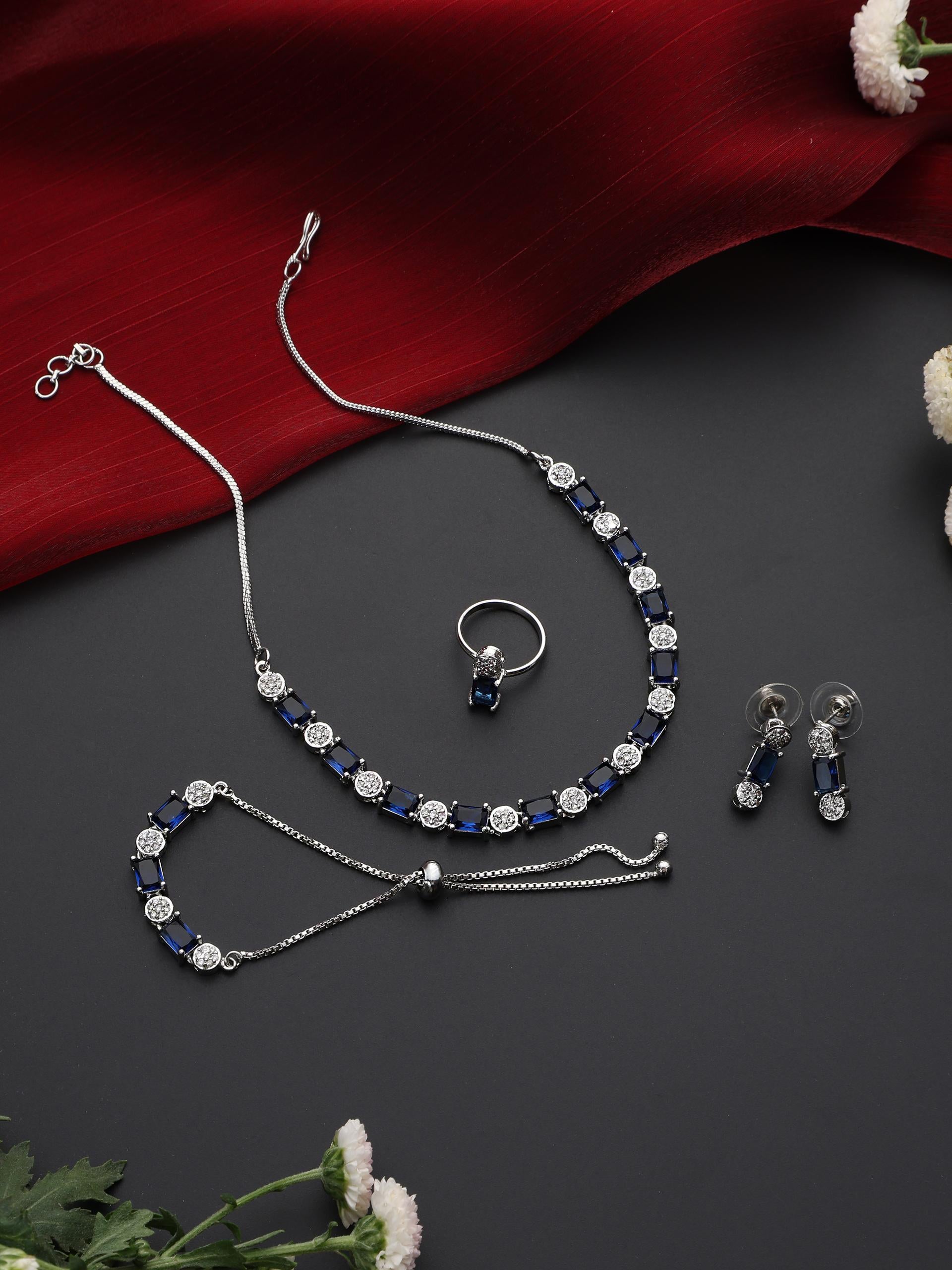 SET - Blue Diamond Necklace, Earring, Ring, Bracelet