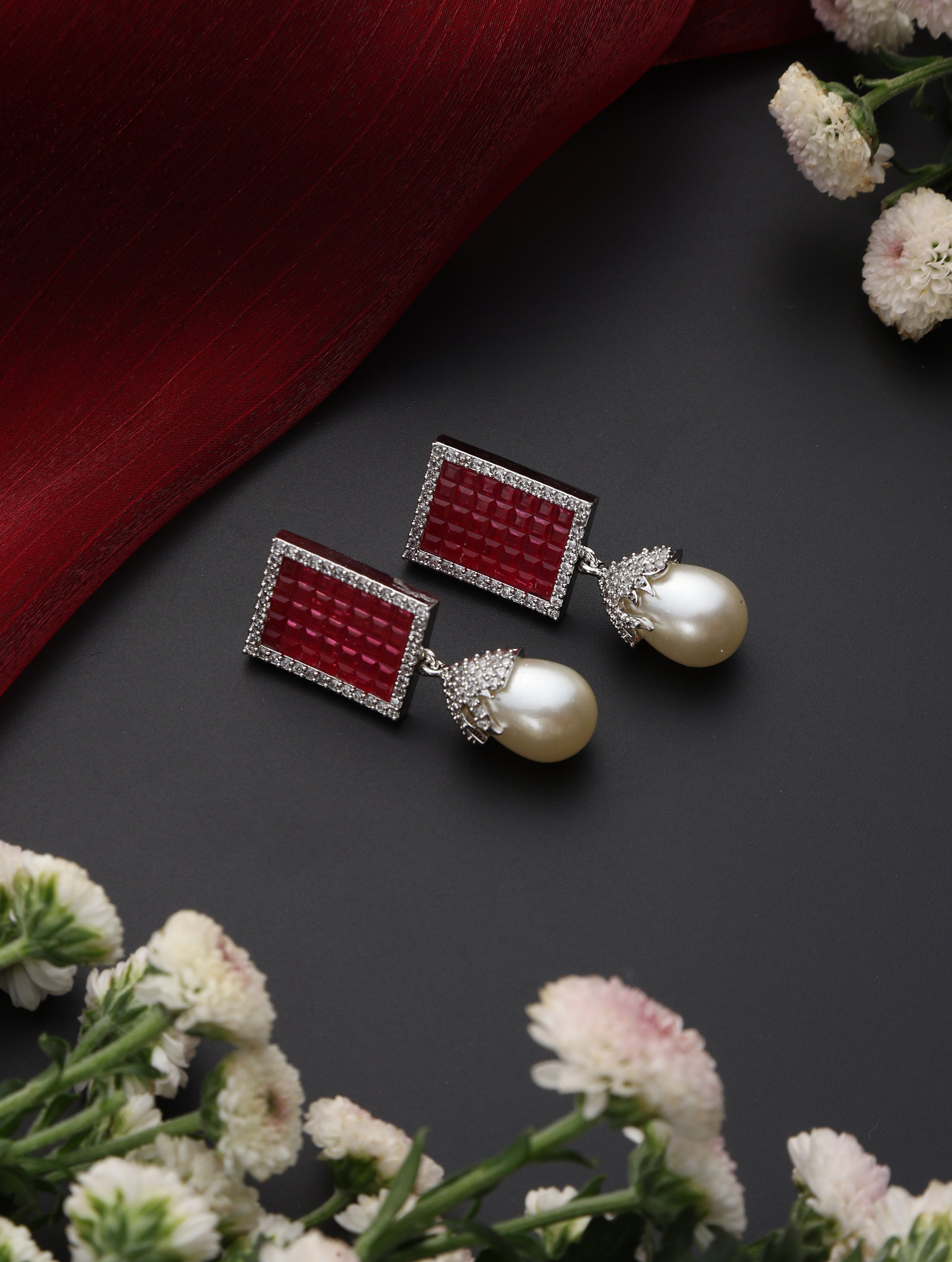 Red Square Pearl drop Earring