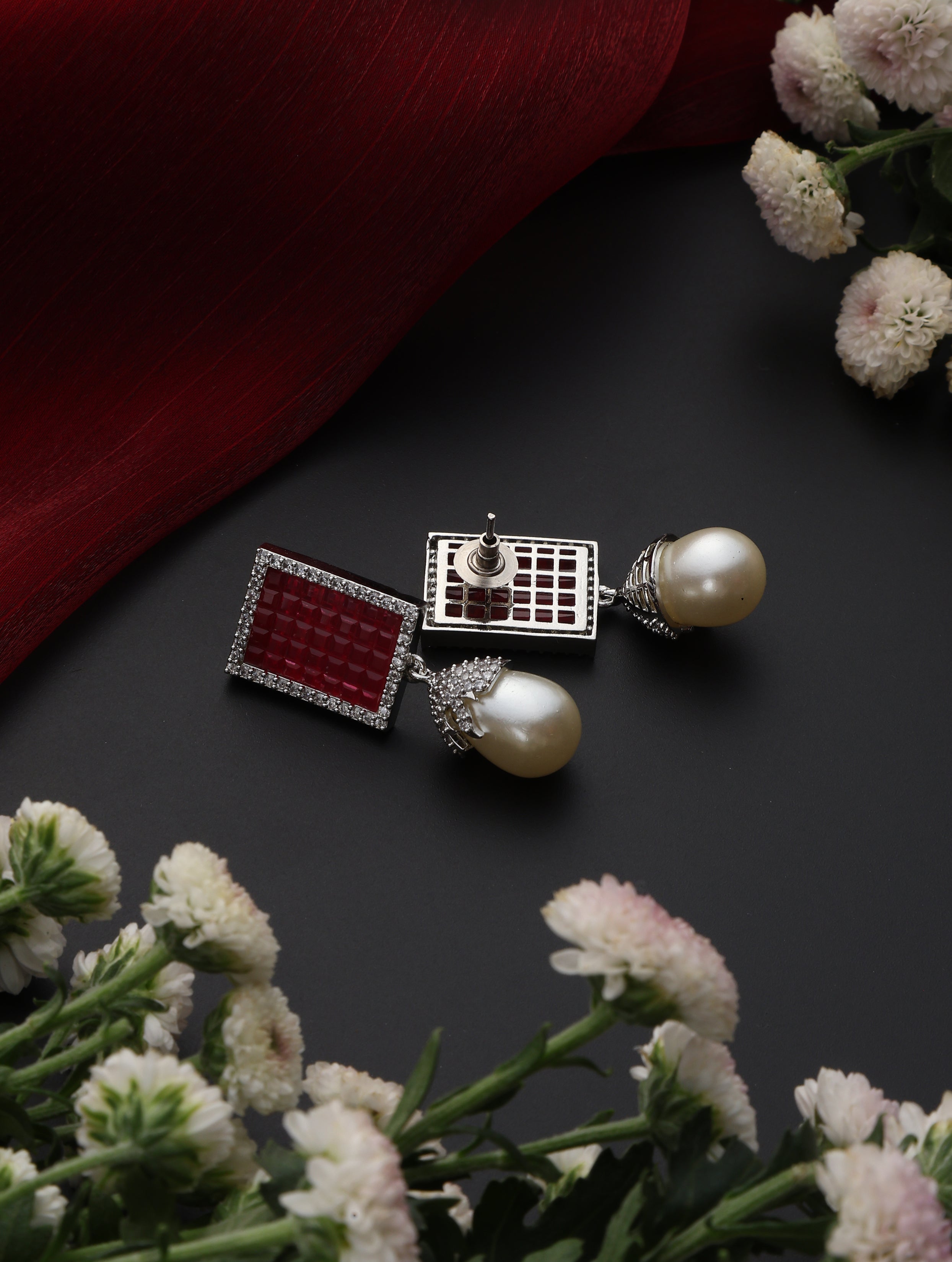 Red Square Pearl drop Earring