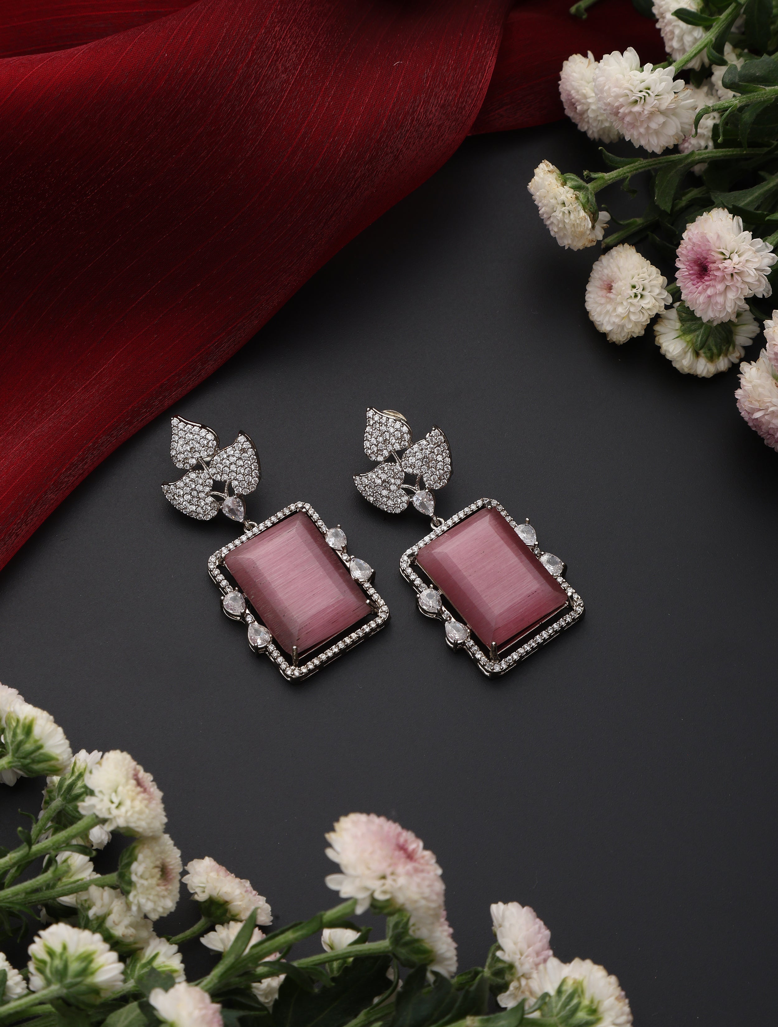 Rose Square American Diamond Hanging Earrings