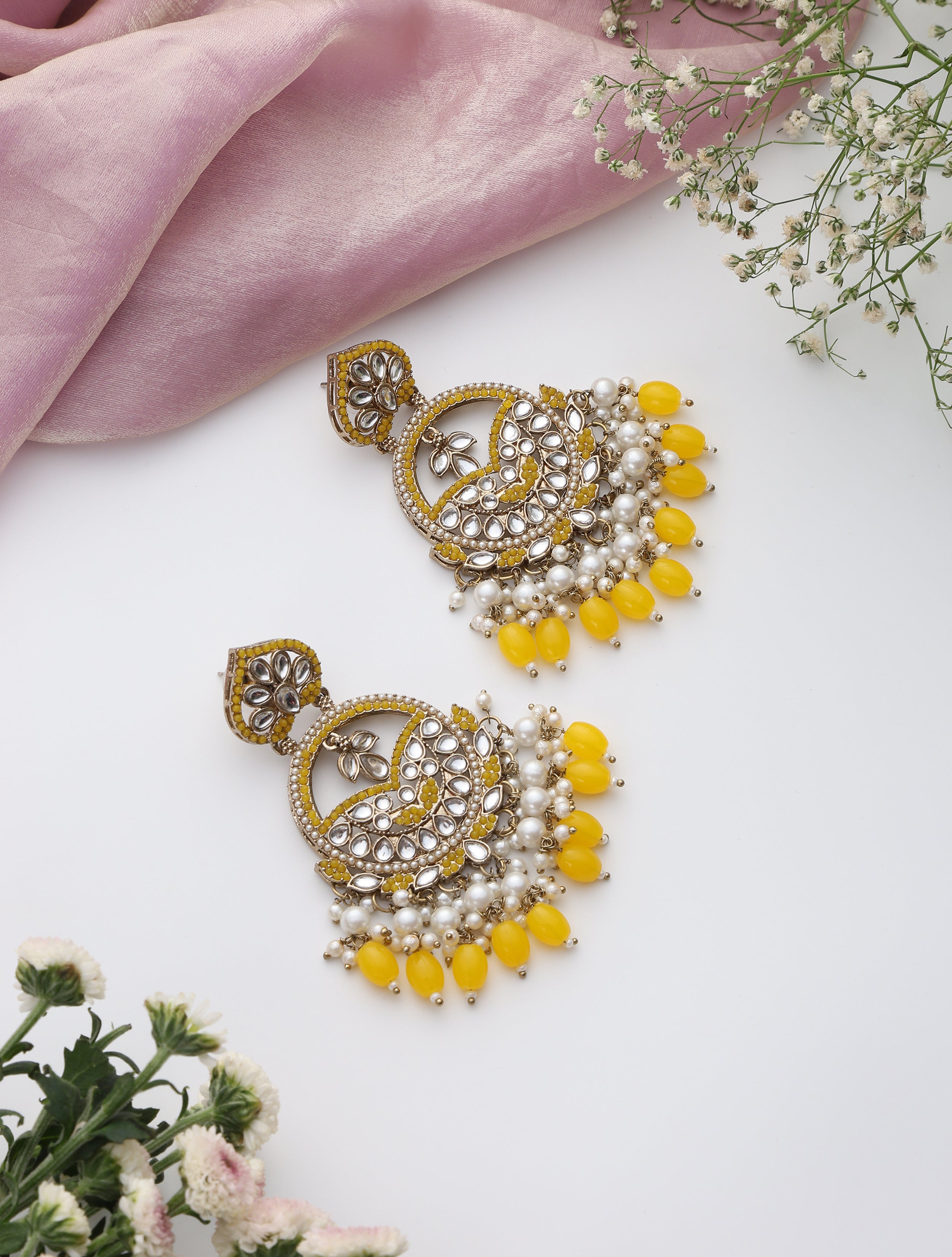 Yellow Color Kundan Earrings