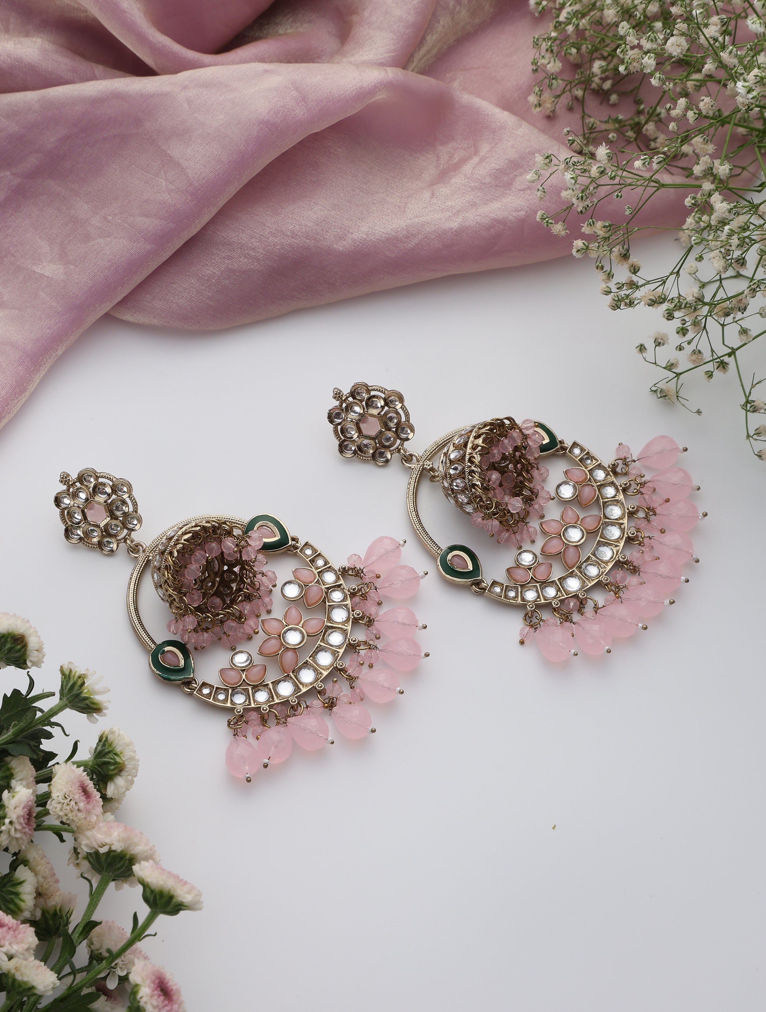 Pink Color Round Kundan Jhumka Earrings