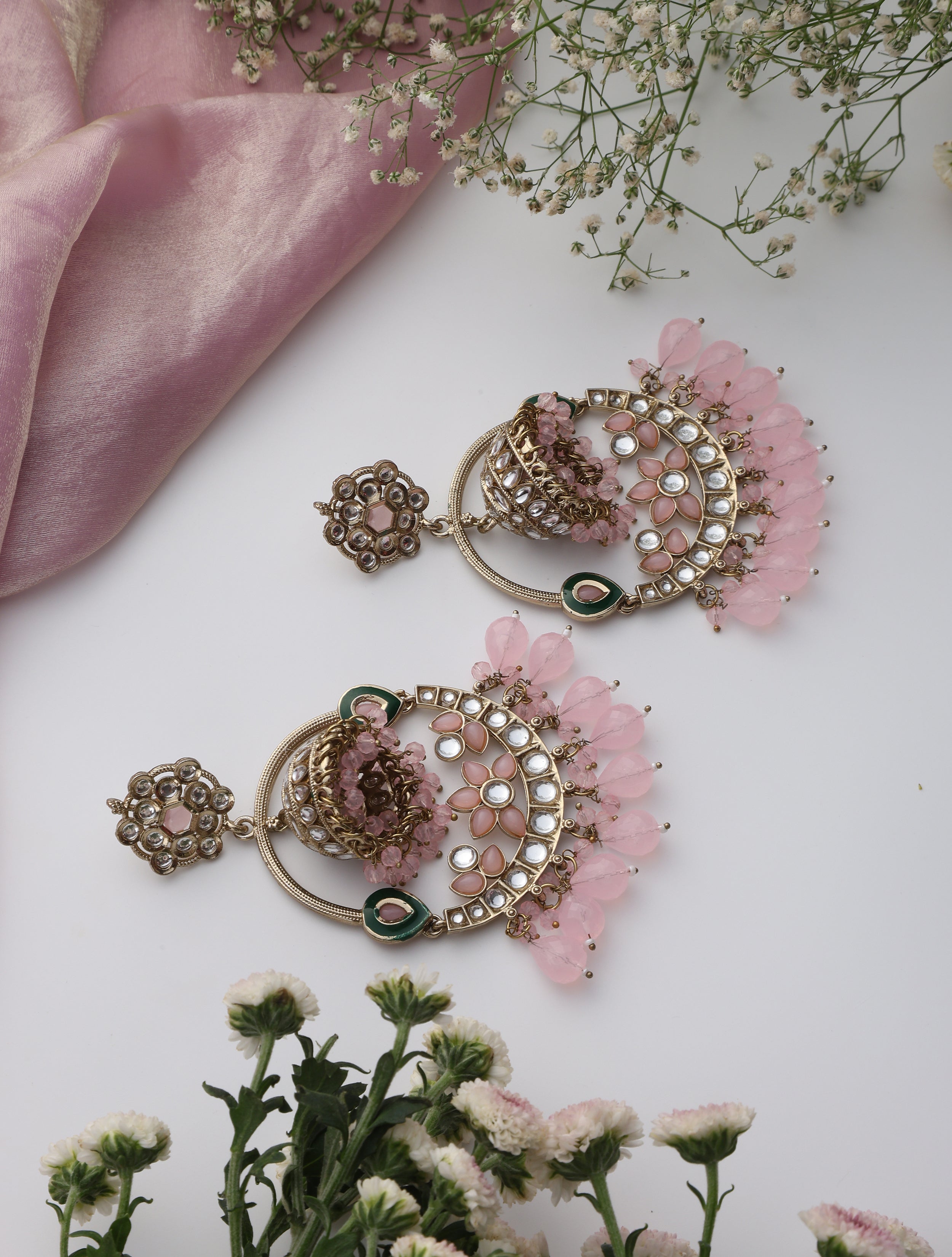 Pink Color Round Kundan Jhumka Earrings