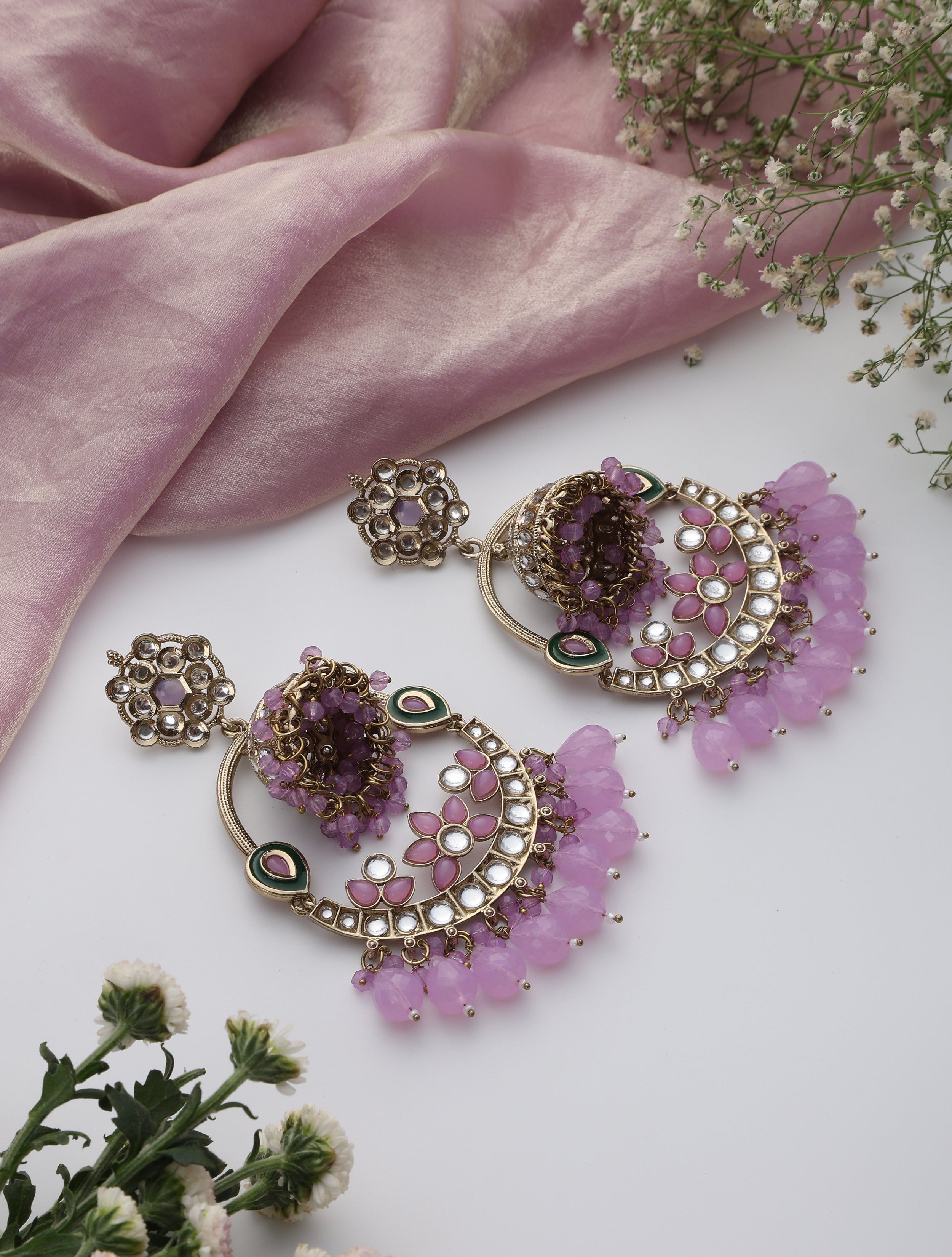Light Purple Round Color Kundan Jhumka Earrings