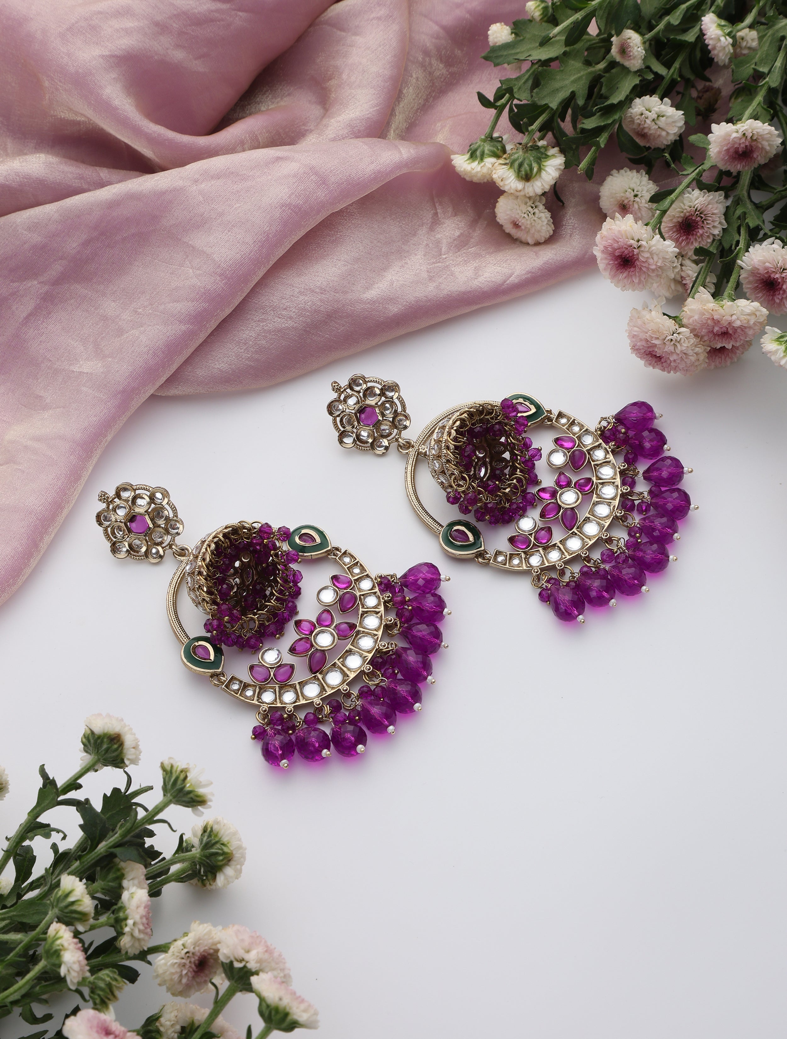 Purple Color Round Kundan Jhumka Earrings